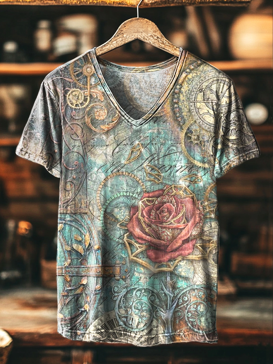 Vintage Gear Floral Art Print Casual V-Neck T-Shirt