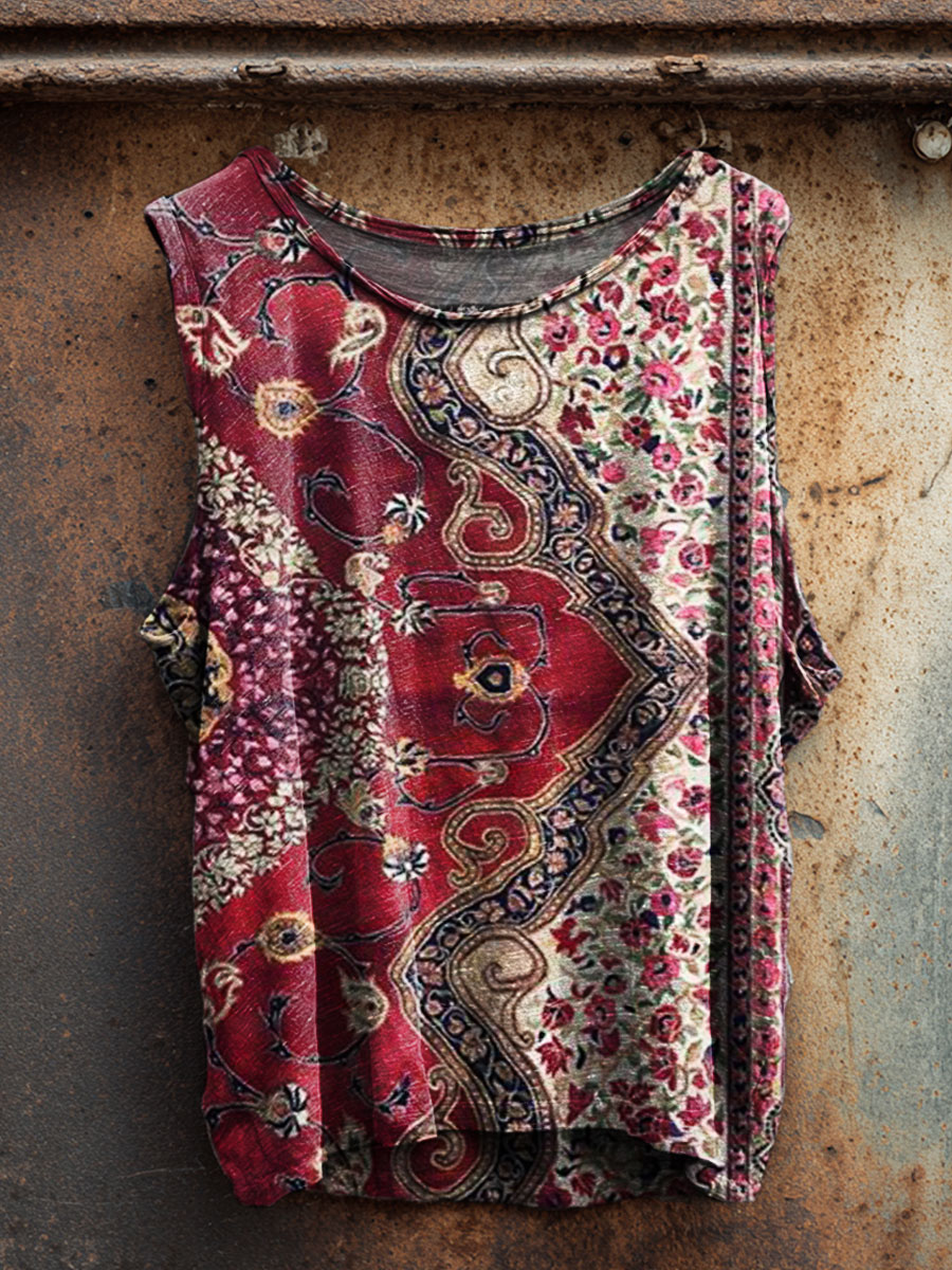 Ethnic Flower Art Print 100% Cotton Casual Tank Top