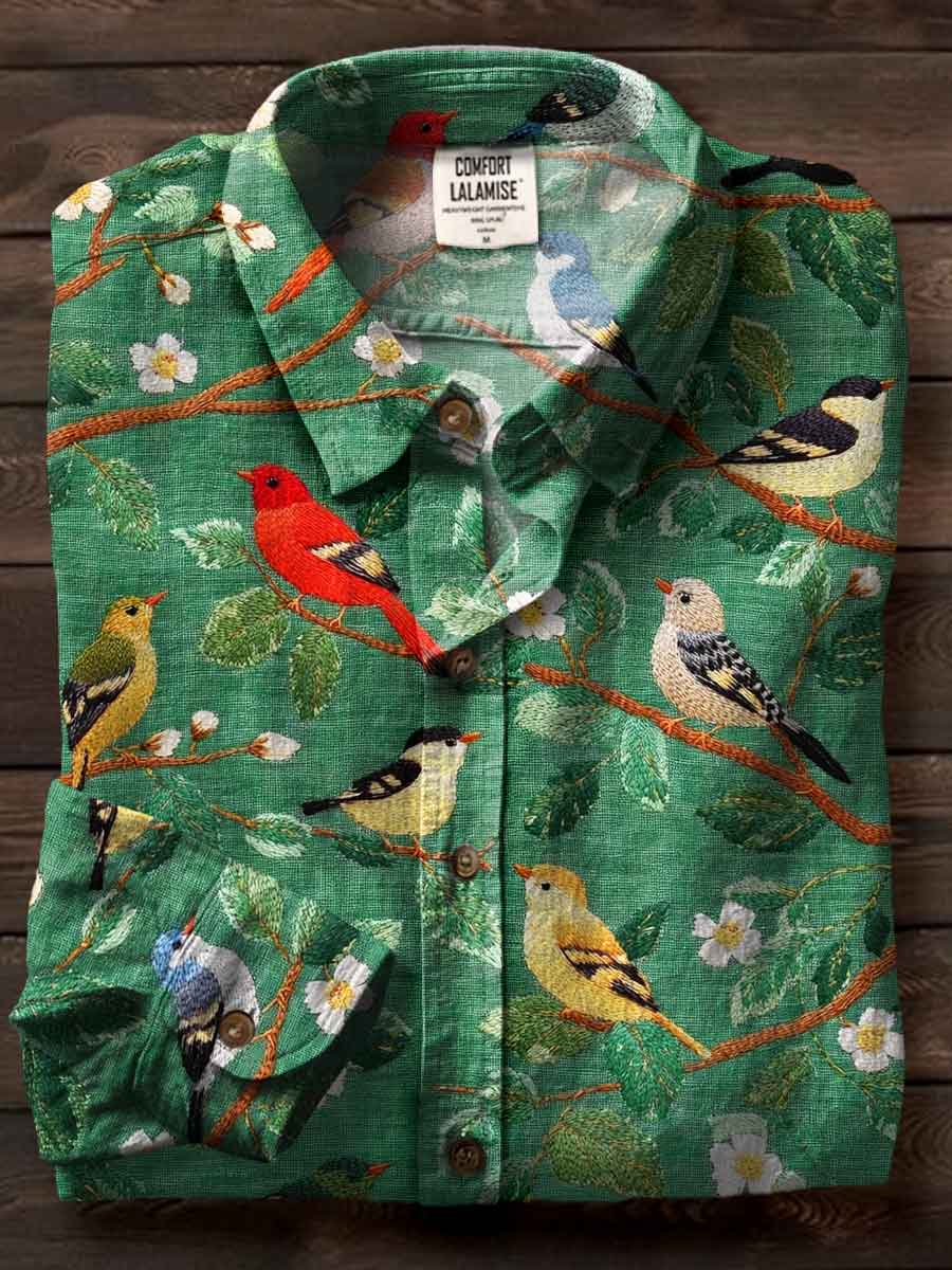 Vintage Tree Bird Art Print Casual Cotton Shirt
