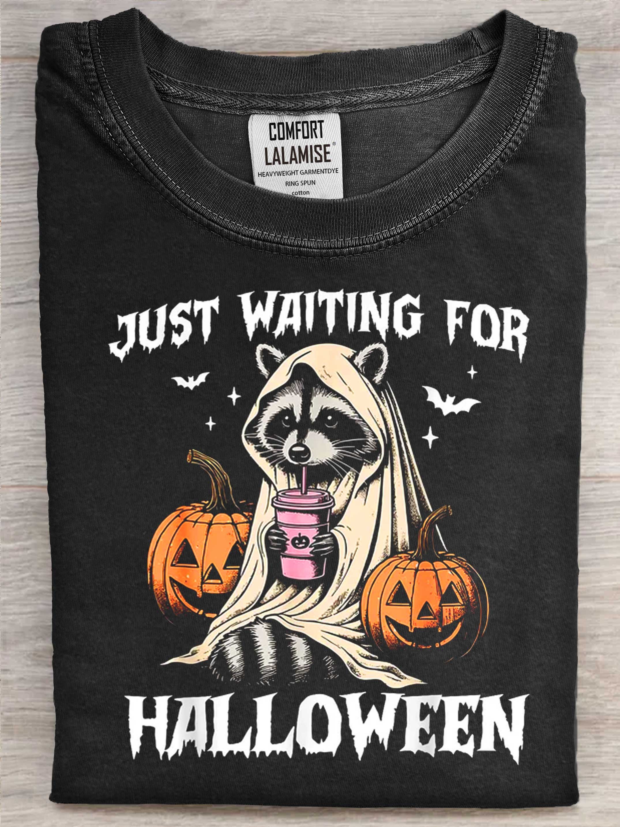 Just Waiting For Halloween Raccoon Pumpkin Art Print Casual Cotton Short Sleeve T-shirt