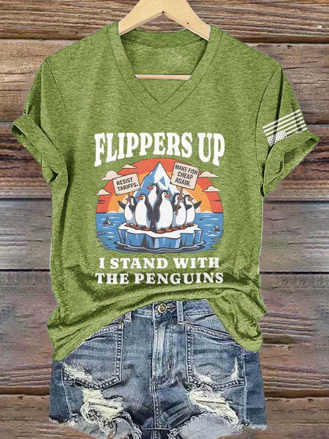 V-Neck Retro Flippers Up I Stand With The Penguins Resist Tariffs Print T-Shirt