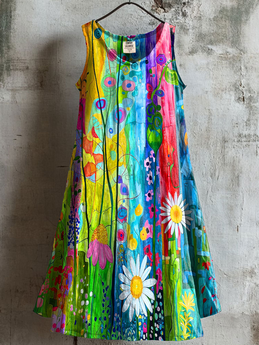 Garden Floral Watercolor Painting Print V-neck Pocket Cotton Dress