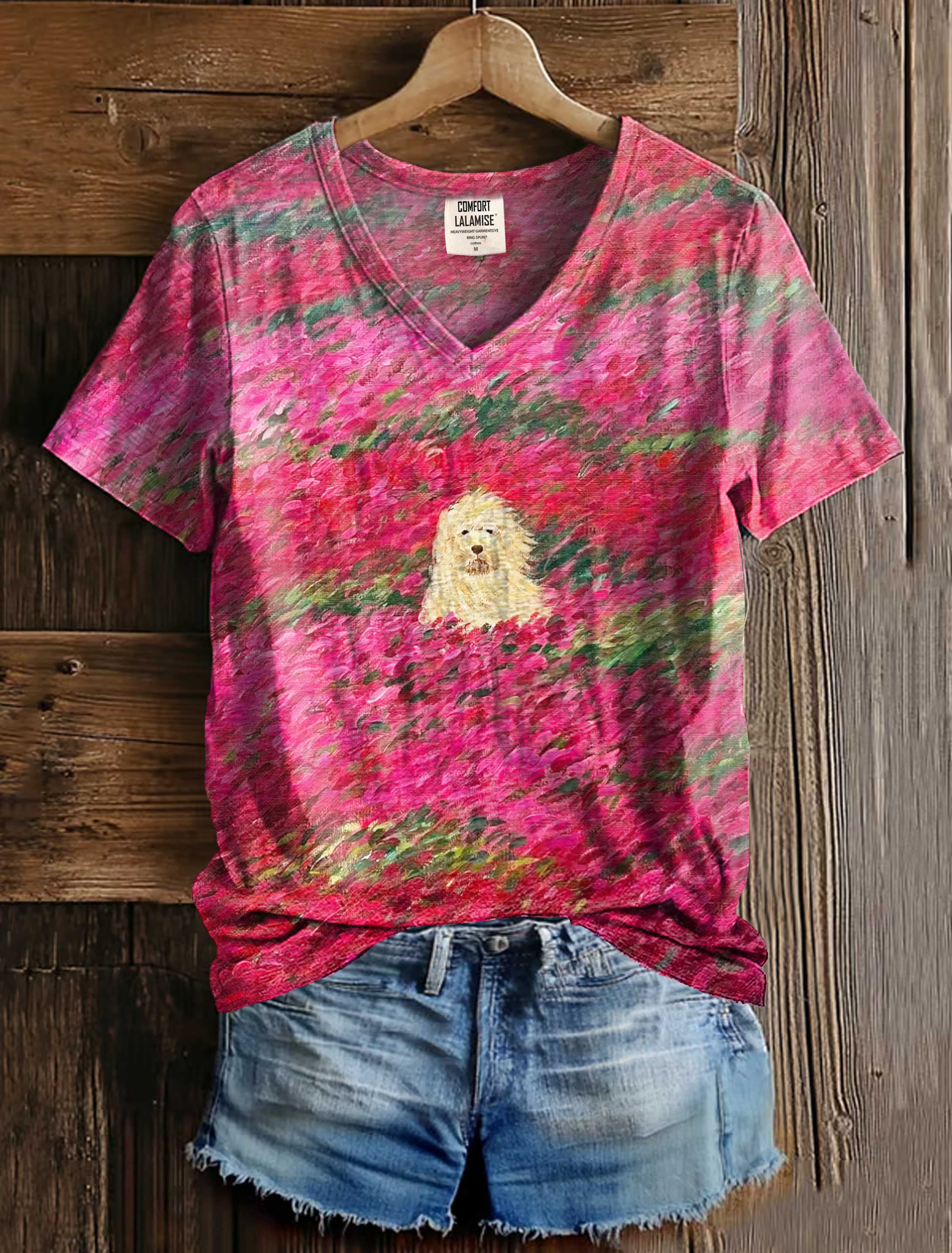 Cute Puppy In The Wind Art Print V-neck Casual T-Shirt