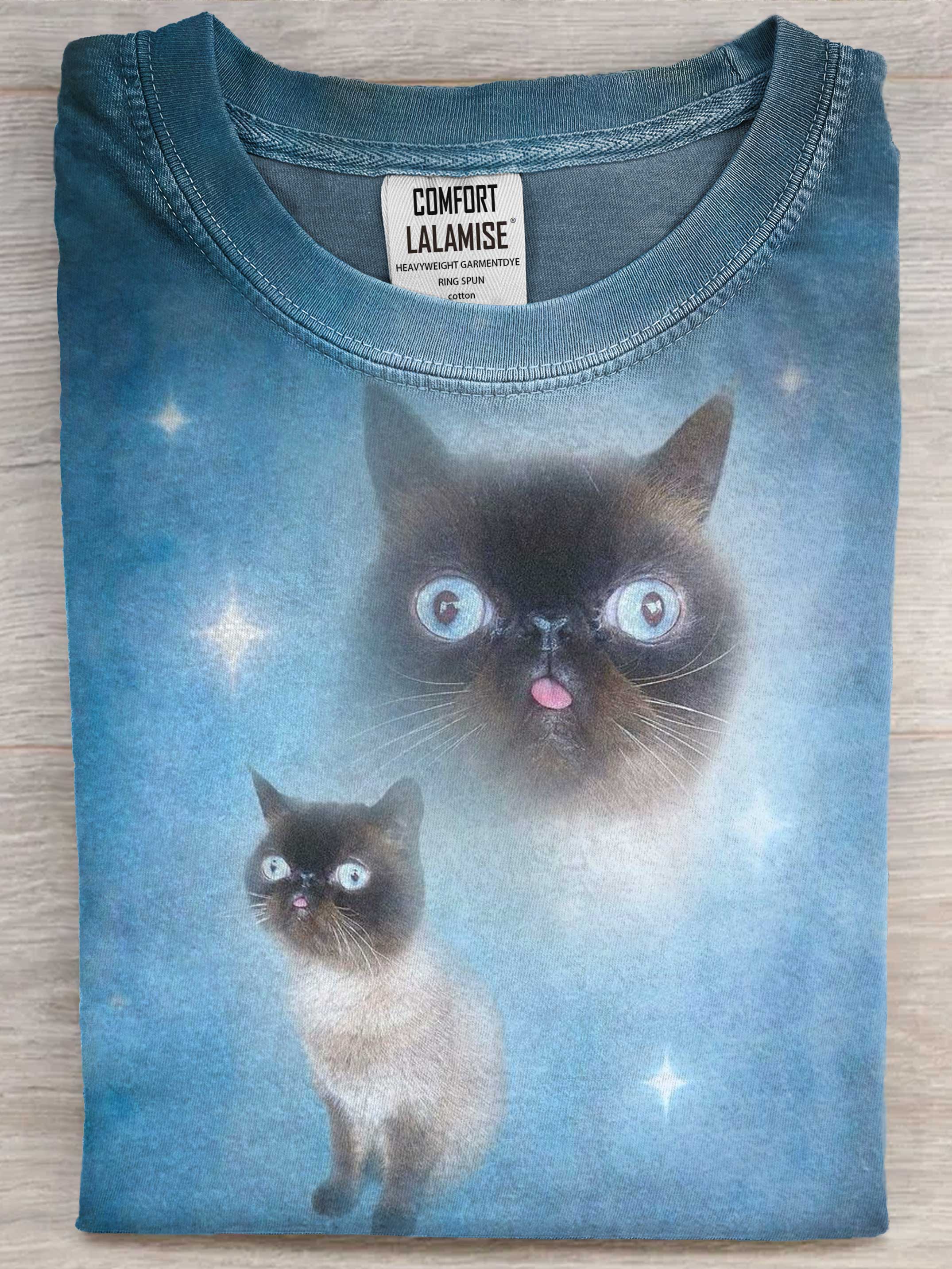 Cute Funny Cat Art Print Casaul Short Sleeve T-shirt