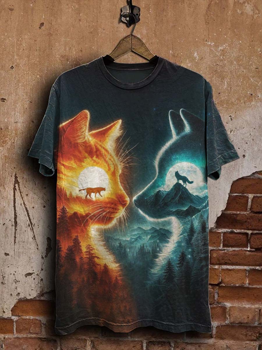 Forest King Wolf & Cat Print Casual Short Sleeve T-Shirt