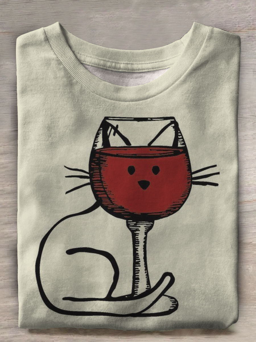 Wine Glass Cat Print Casual T-shirt