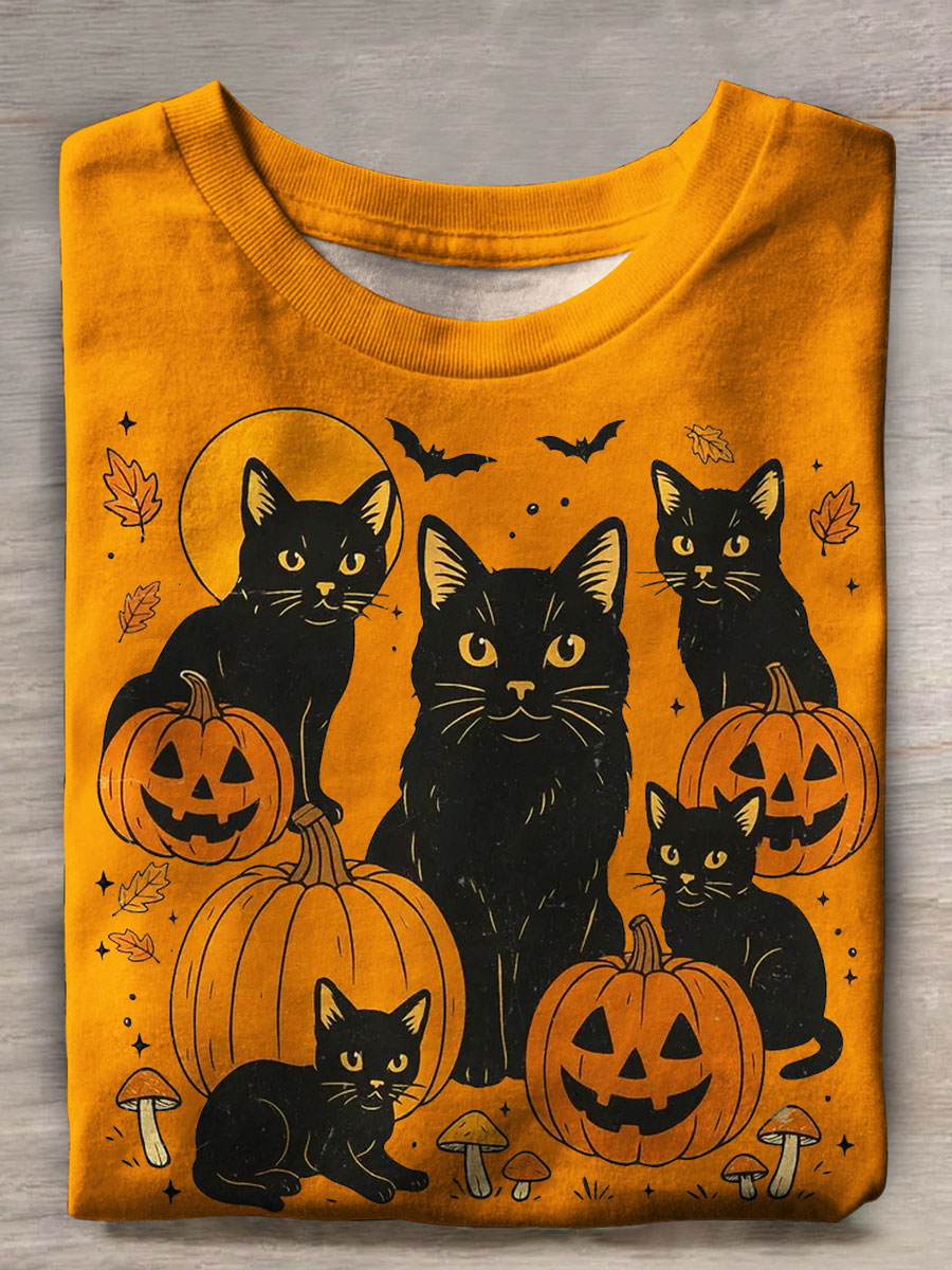 Autumn Halloween Pumpkin Cat Print Casual T-shirt