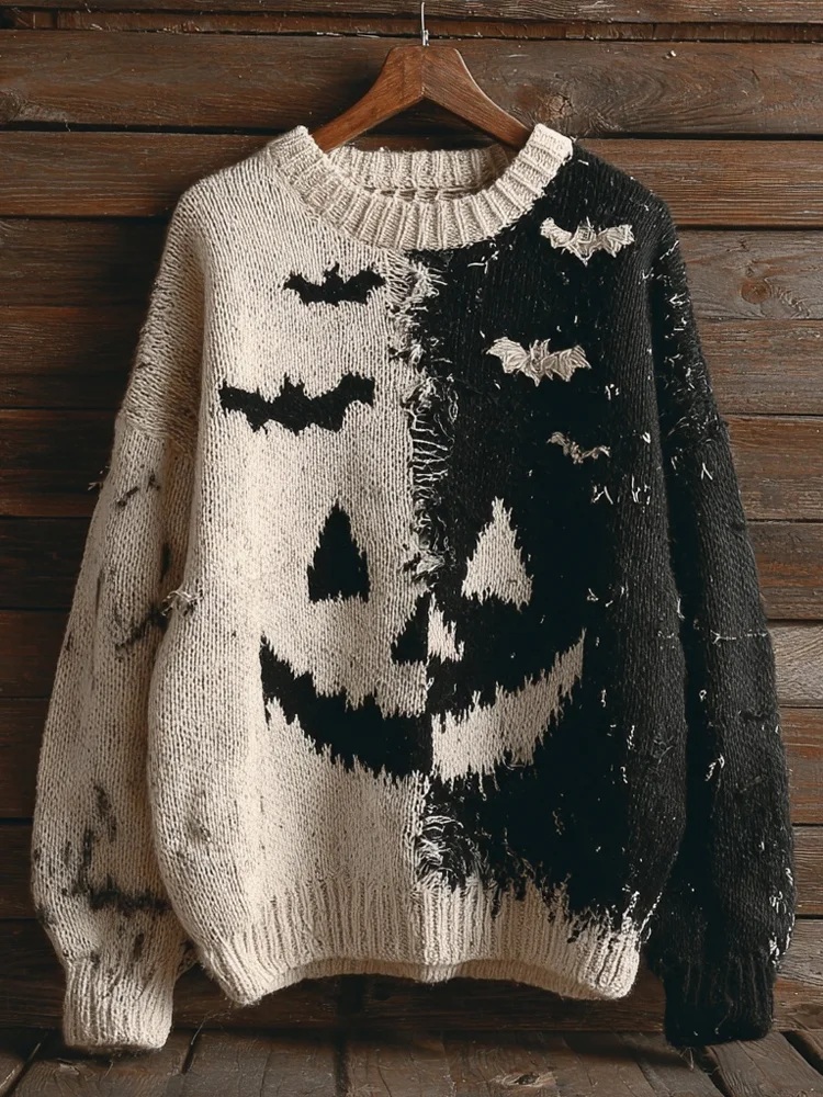 Vintage Halloween Bat Art Print Knit Pullover Sweater