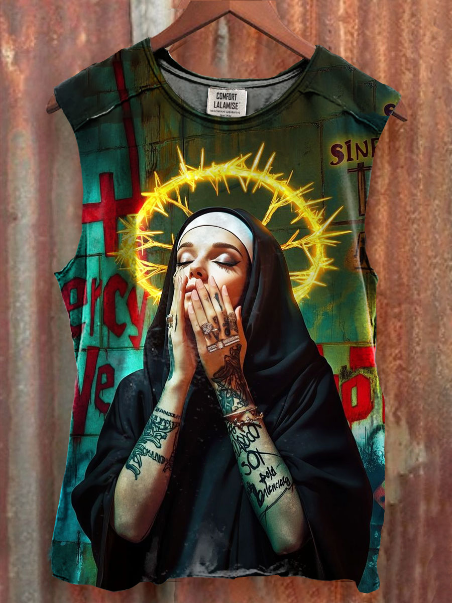Modern Unholy Nun Art Print 100% Cotton Casual Tank Top