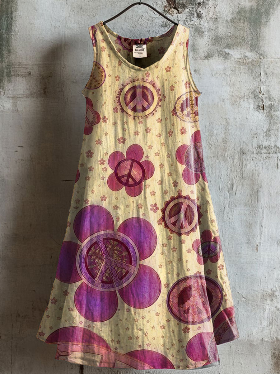 Women's Vintage Flower Art Print V-neck Pocket Cotton Dress