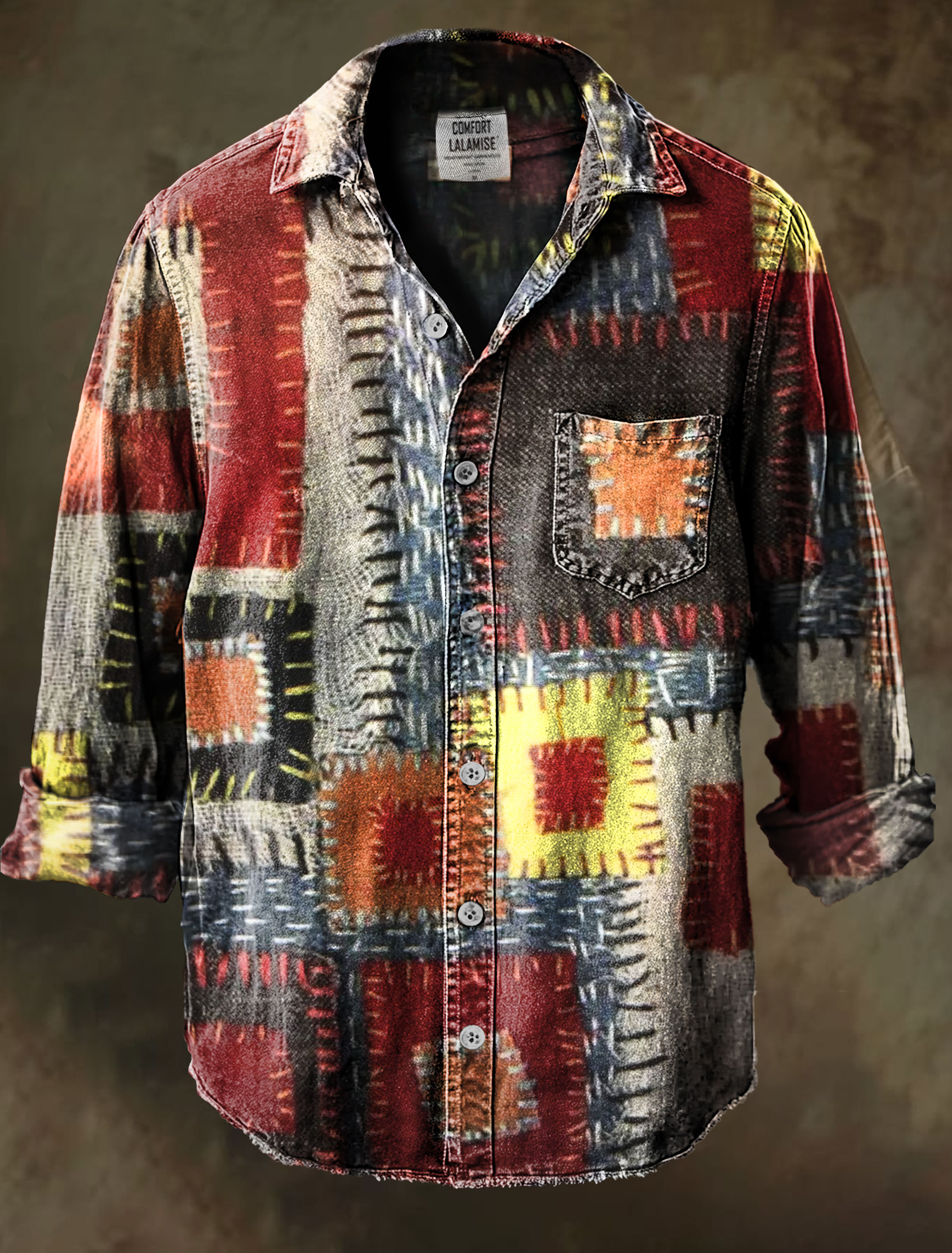 Vintage Embroidery patch Art Print 100% Cotton Long Sleeve Shirt