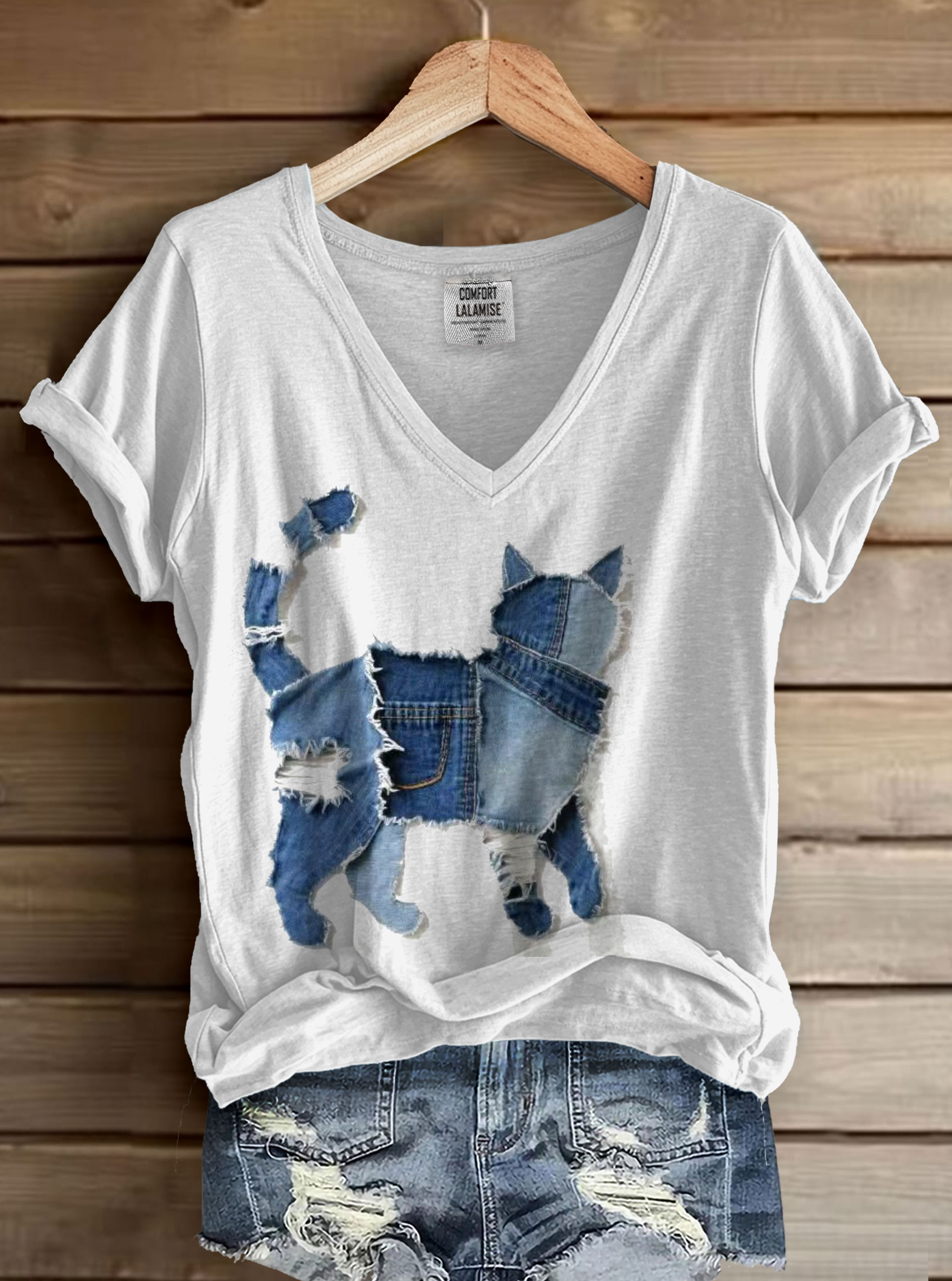 Cute Cat Denim Patchwork Art Print V-neck Casual T-Shirt