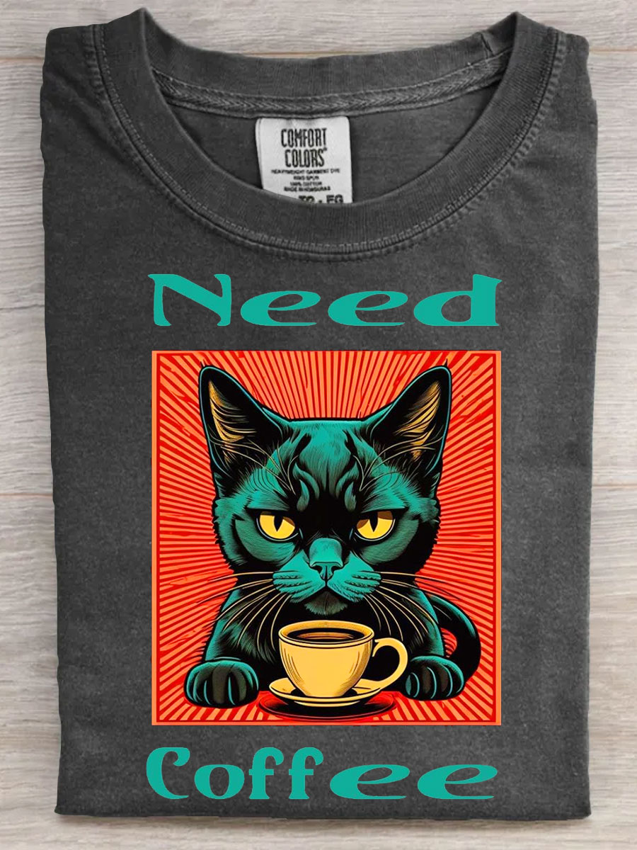 Need Coffee Cat Art Print Casaul Short Sleeve T-shirt