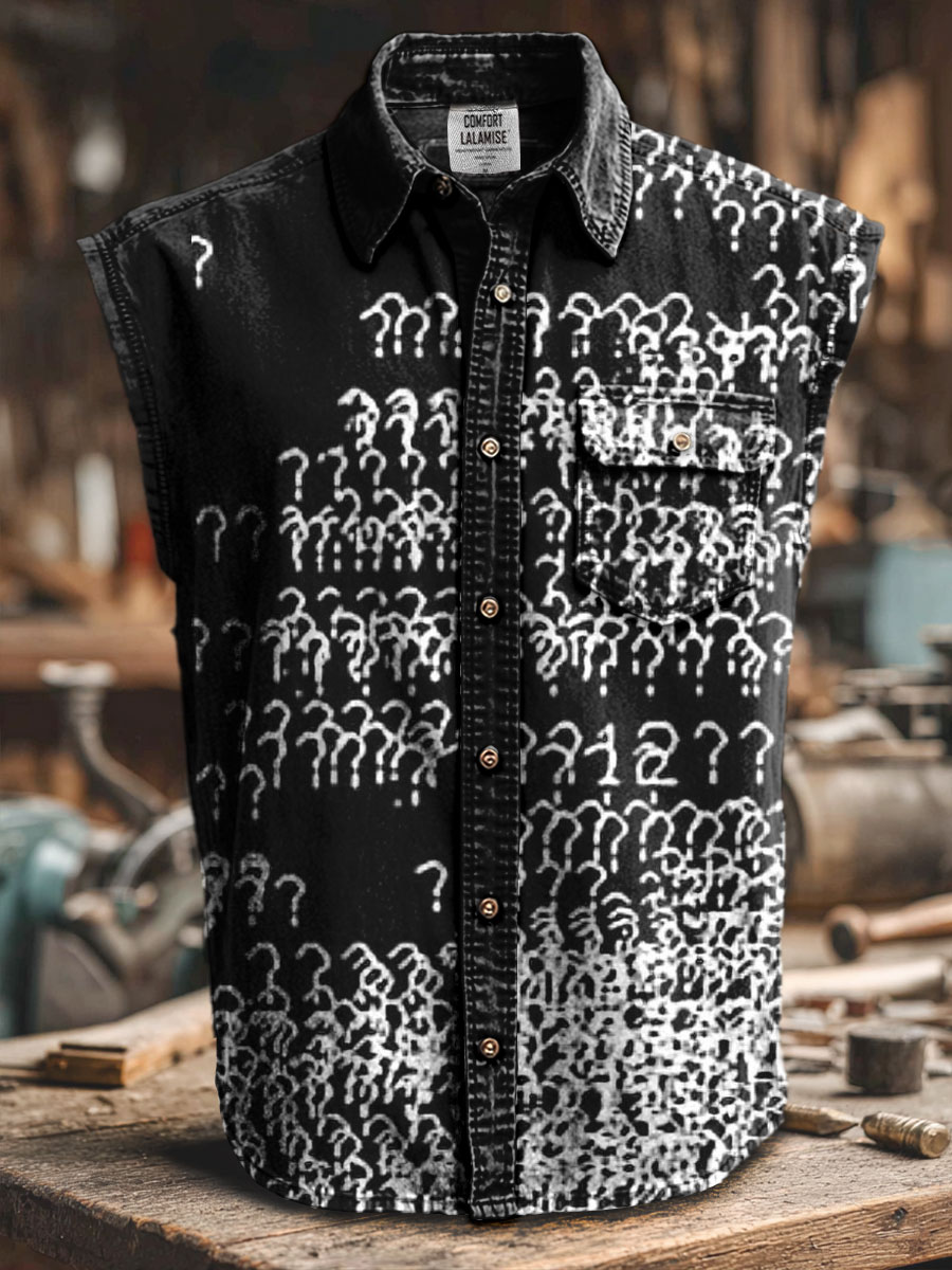 Abstrct ? Art Print Casual 100% Cotton Sleeveless Lapel Shirt