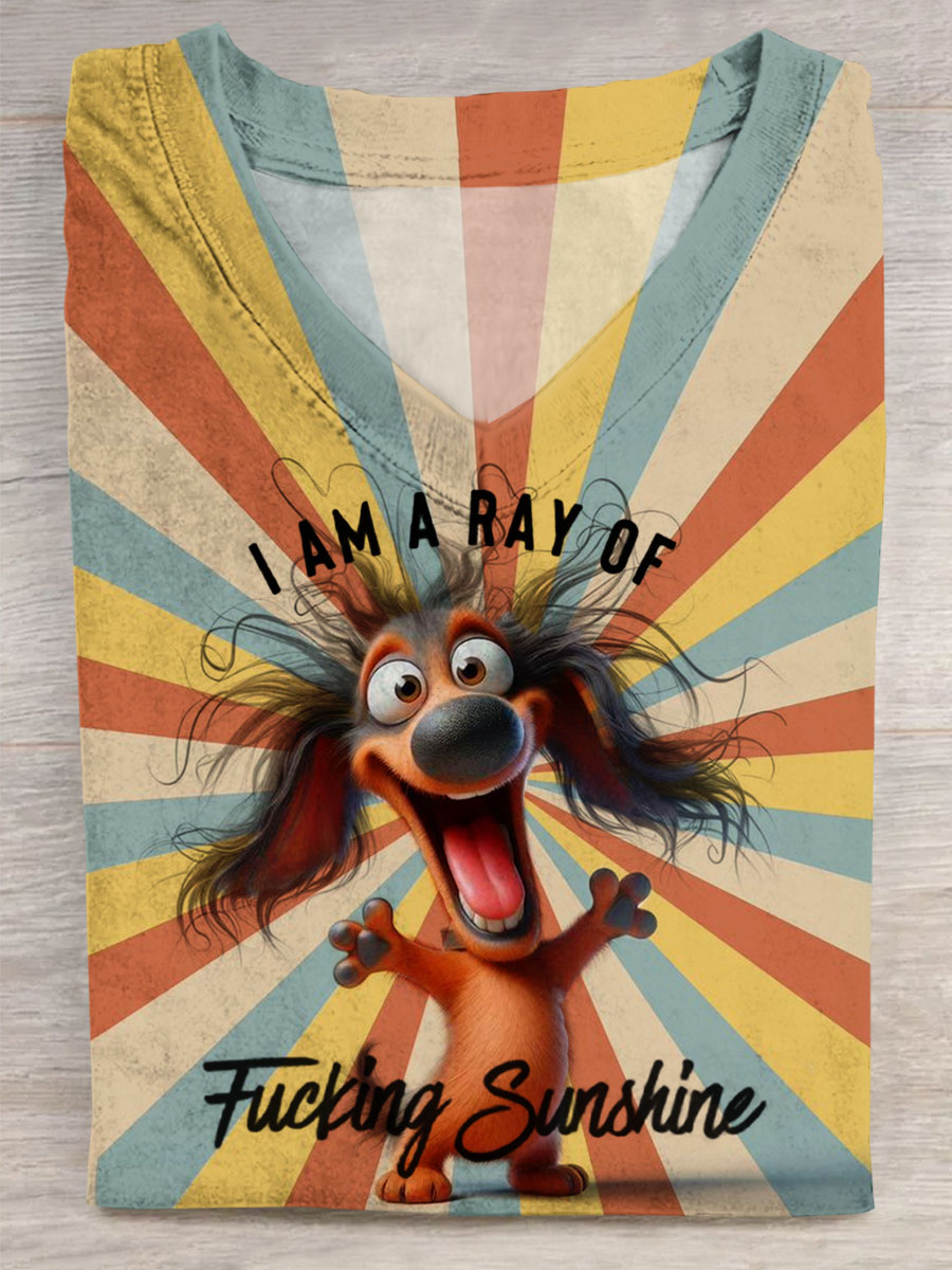 I'm Ray Of Fck Sunshine Happy Dog Art Print V-neck Casual T-Shirt
