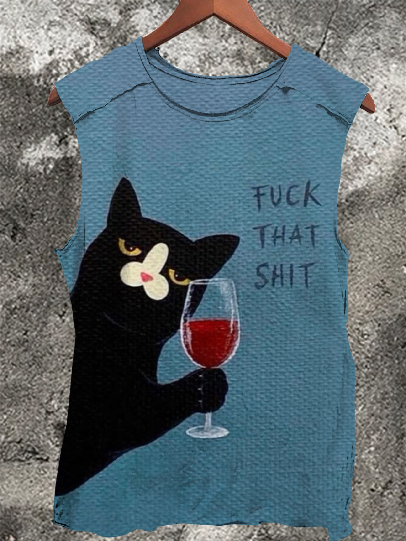 Black Cat Drinking Red Wine Fuck That Shit Vintage Print 100% Cotton Casual Tank Top