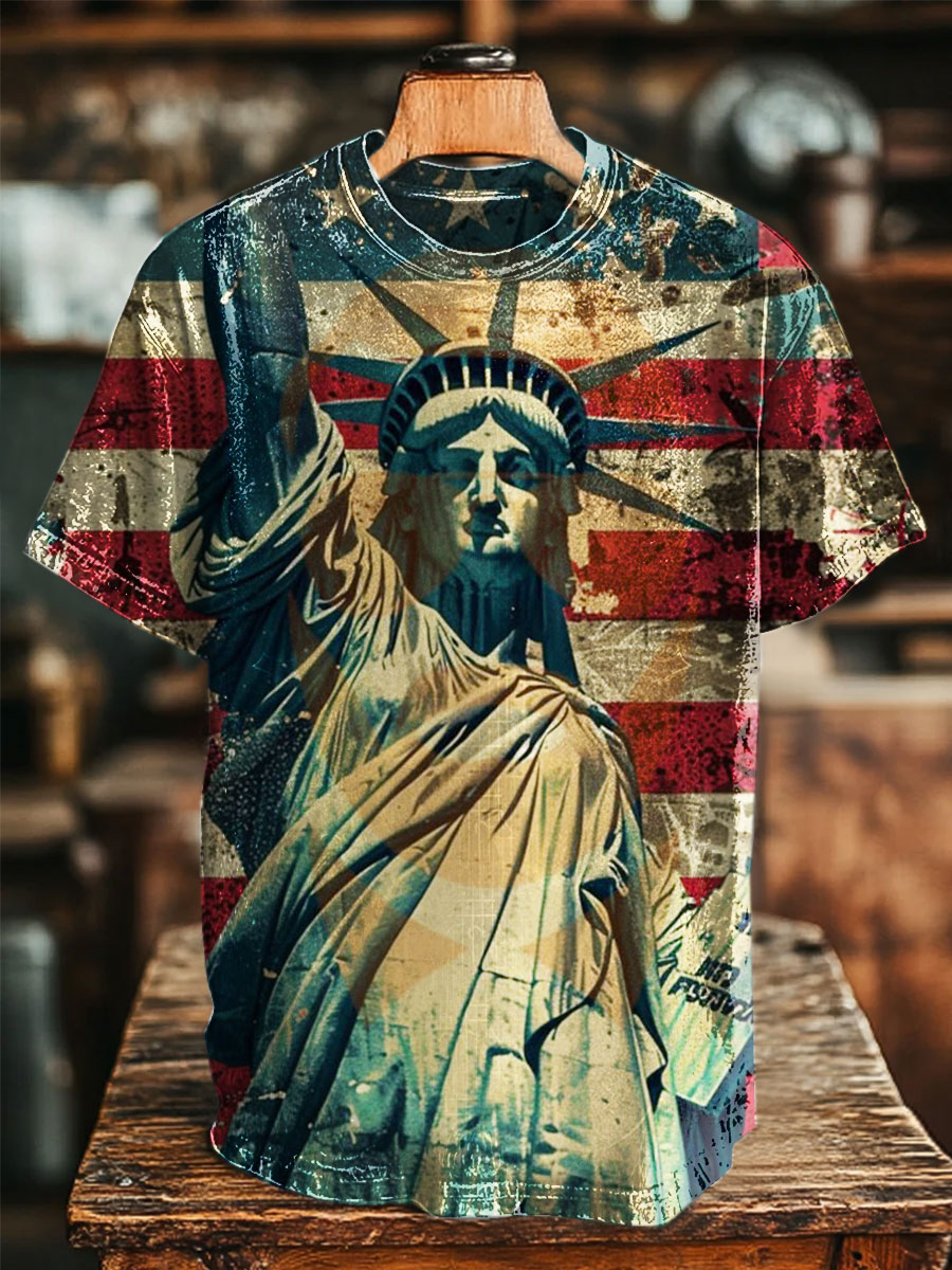 American Flag Statue of Liberty Print Retro T-shirt