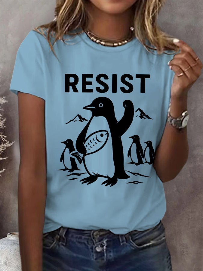 Women's Penguins Resist Print Round Neck T-Shirt