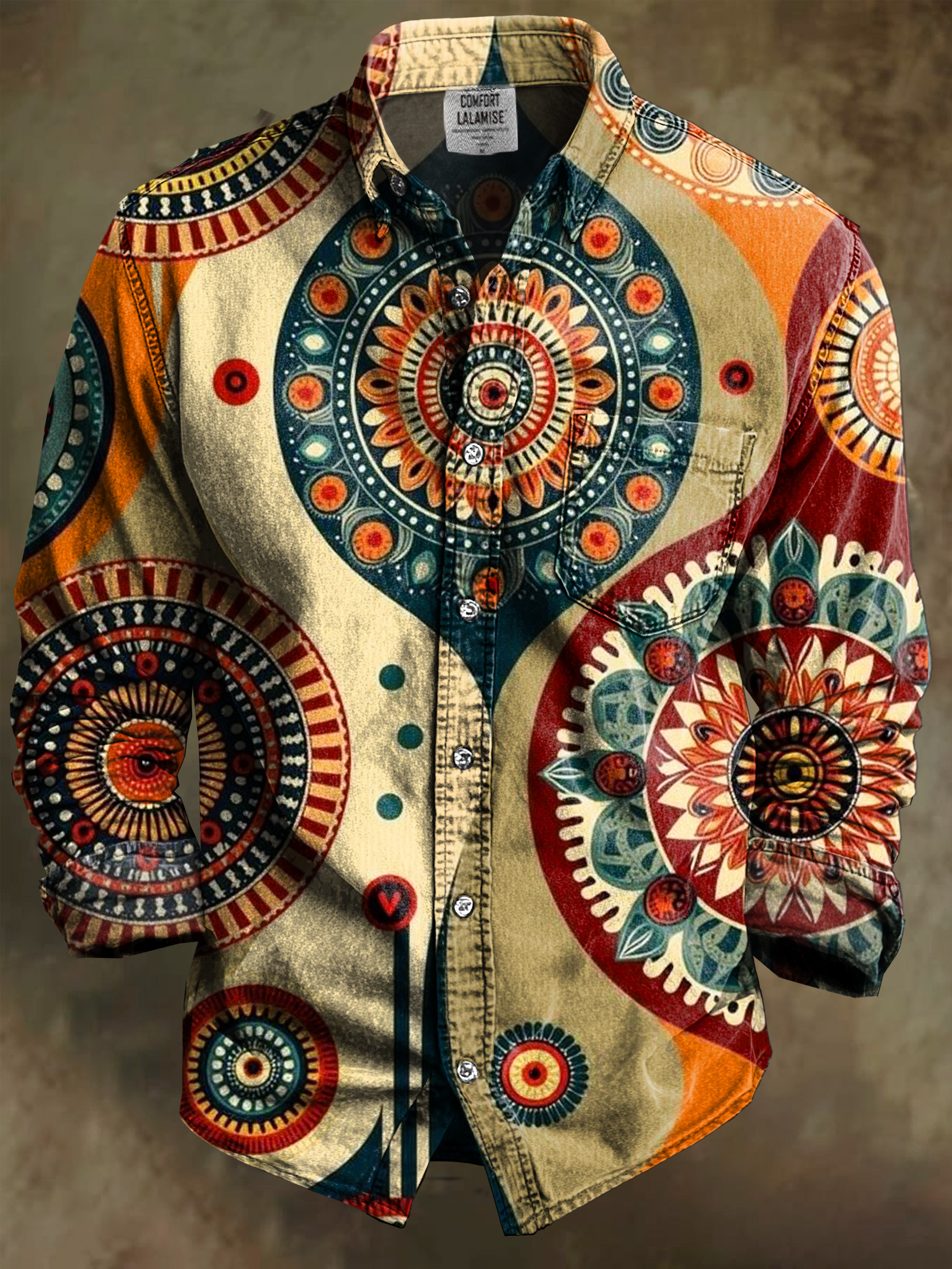 Vintage Abstract colorful Ethnic Totem Art Print 100% Cotton Long Sleeve Shirt