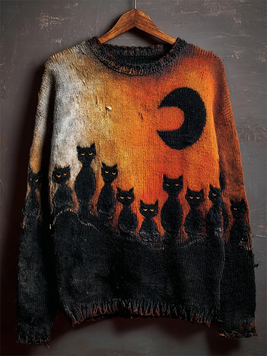 Vintage Halloween Black Cat Art Print Knit Pullover Sweater