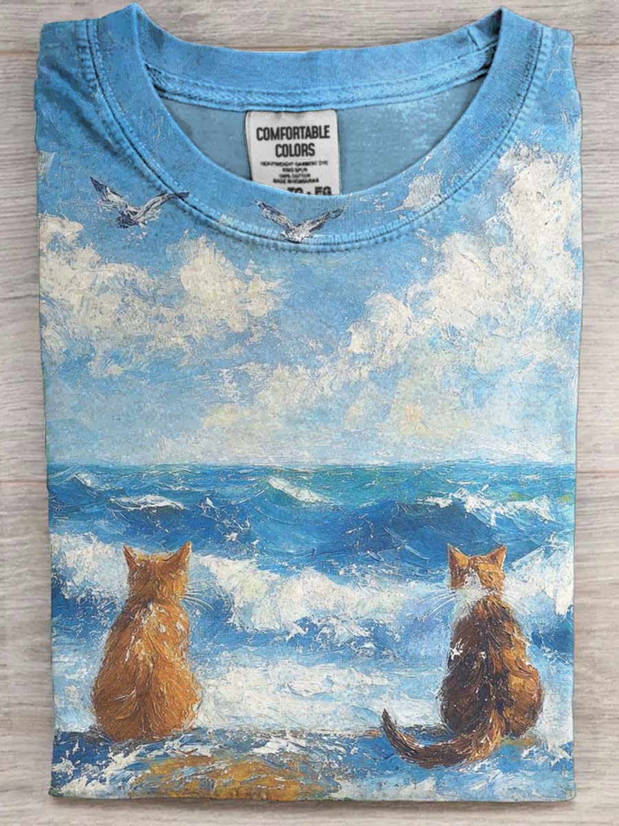 Fun Seaside Cat Print Casual Short Sleeve T-Shirt