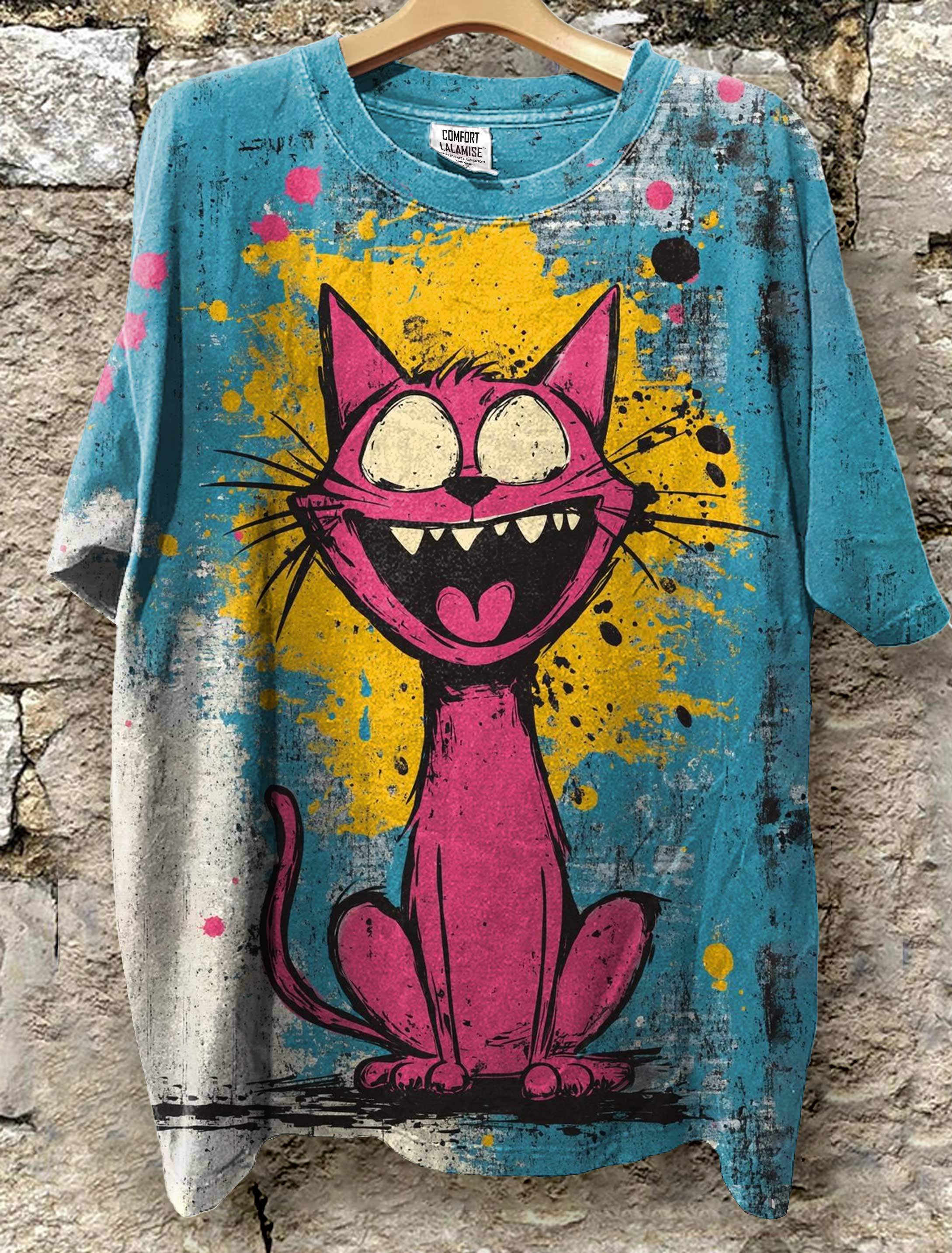 Cute Abstrct Cat Art Print Casual Short Sleeve T-shirt