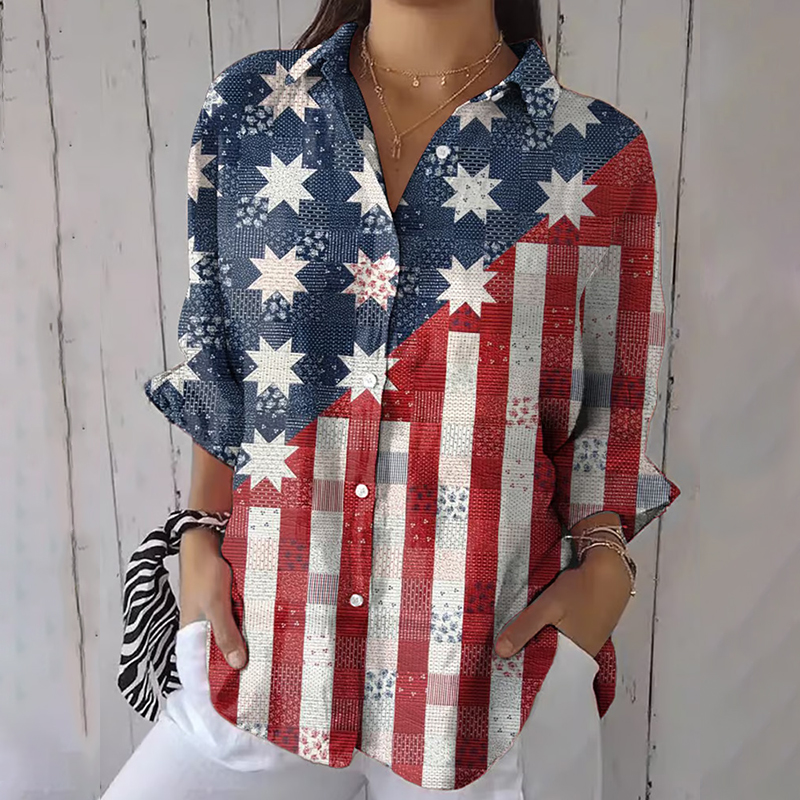 Women's Independence Day Vintage Flag Print Casual Shirt