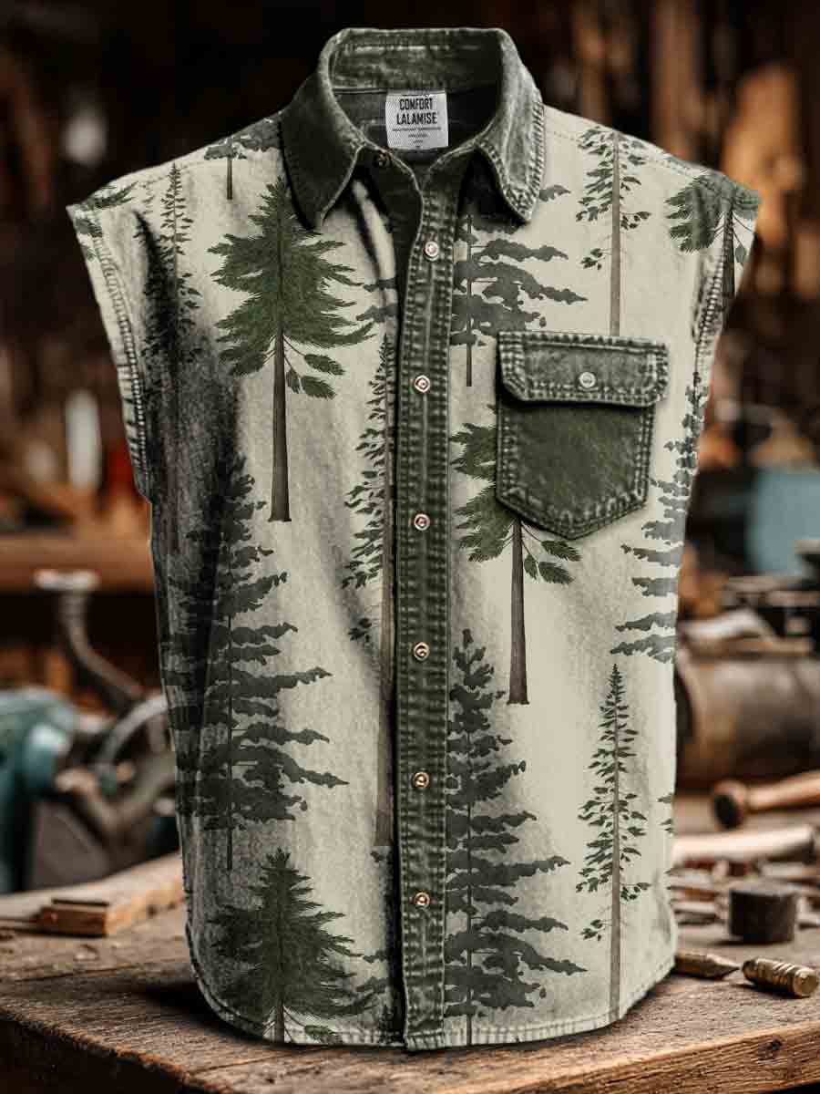 Vintage Forest Art Print Casual 100% Cotton Sleeveless Lapel Shirt