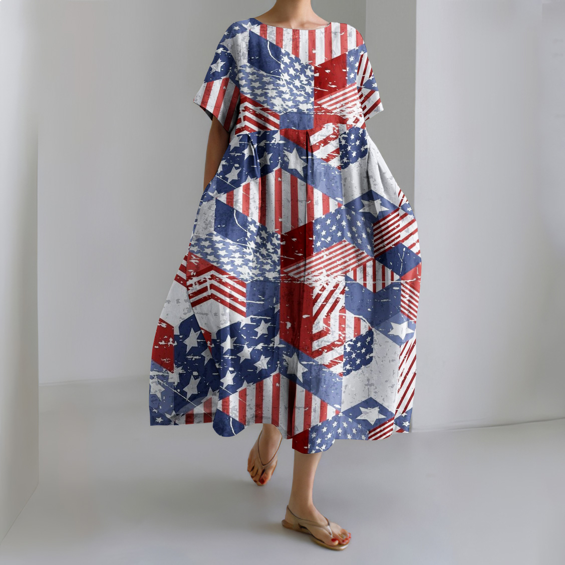 Independence Day Printed Crew Neck Short Sleeve Midi Dress