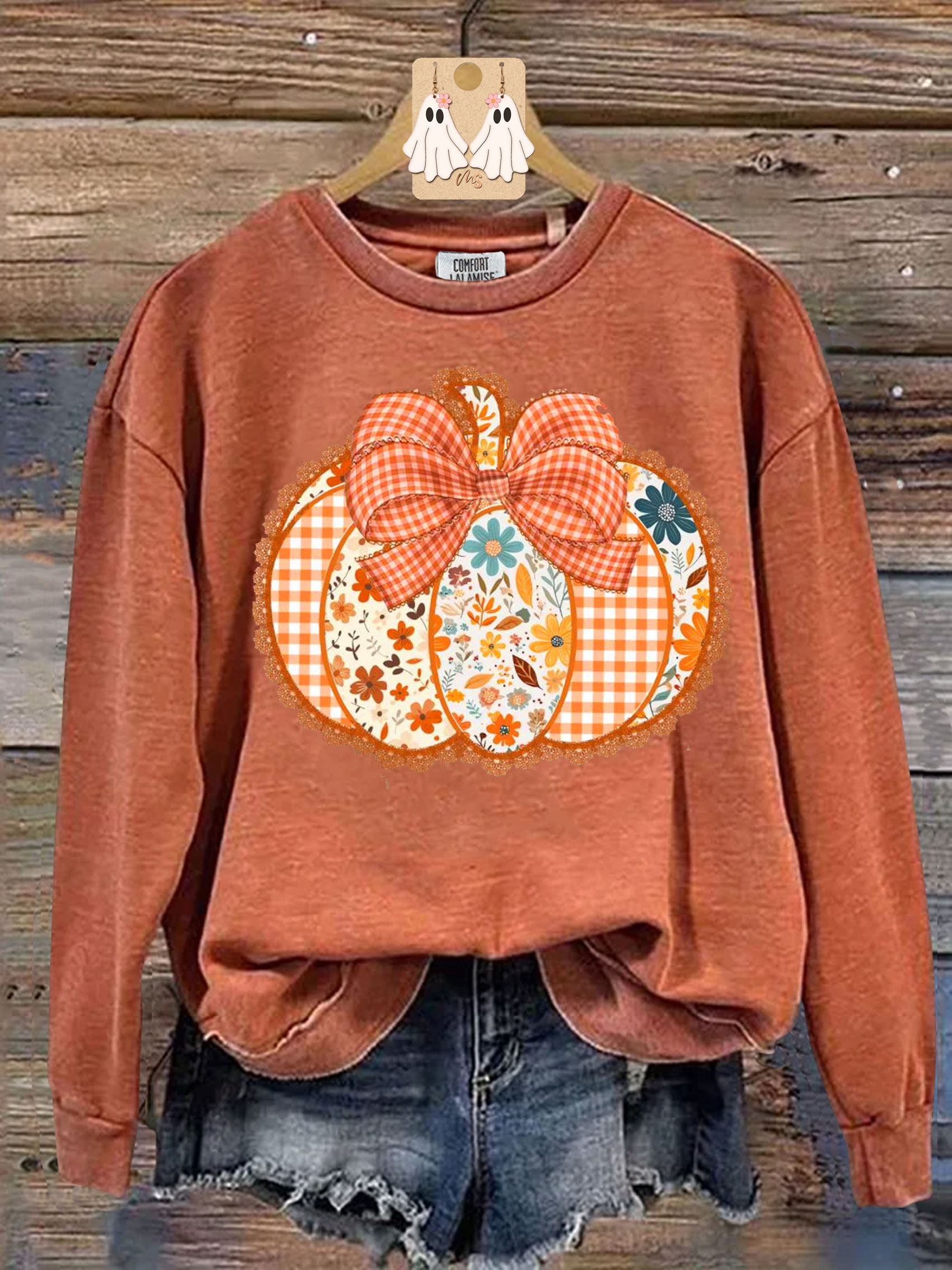 Preppy Floral Fall Pumpkin Print Casual Sweatshirt