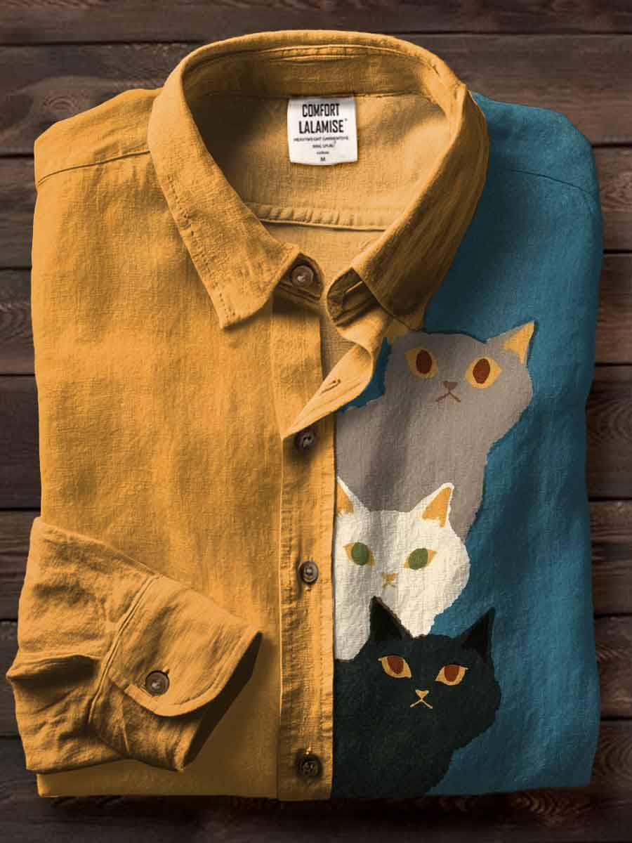 Three Cat Art Print Casual Cotton Shirt