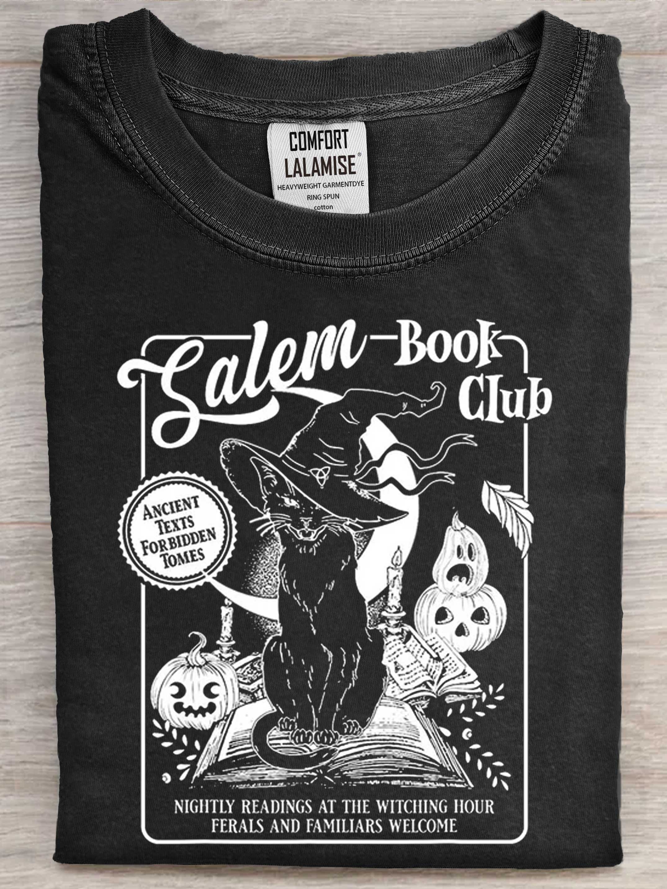 Salem Witch Book Club Halloween Black Cat Art Print Cotton Casaul Short Sleeve T-shirt