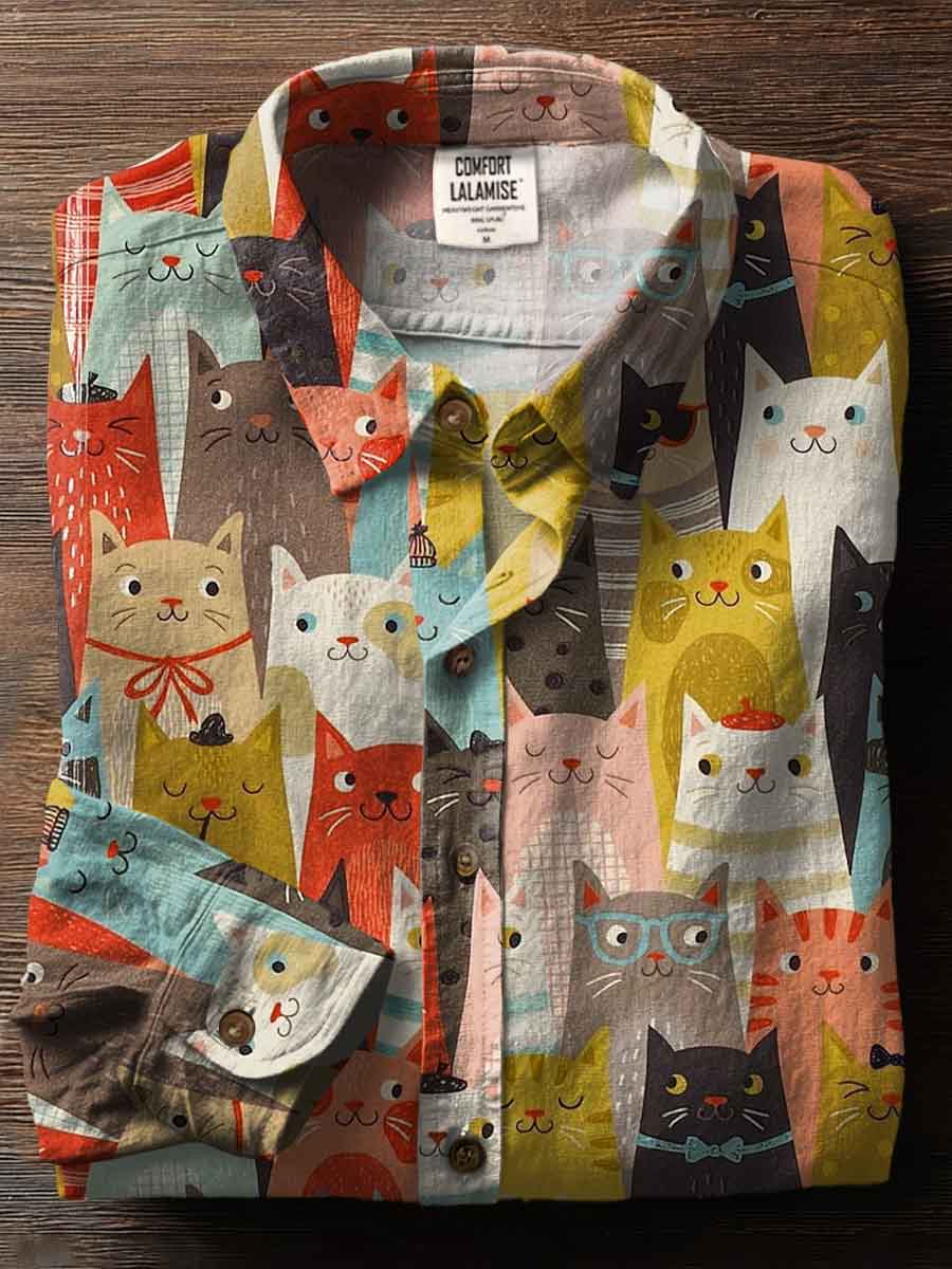 Vintage Cute Cat Art Print Casual Cotton Shirt
