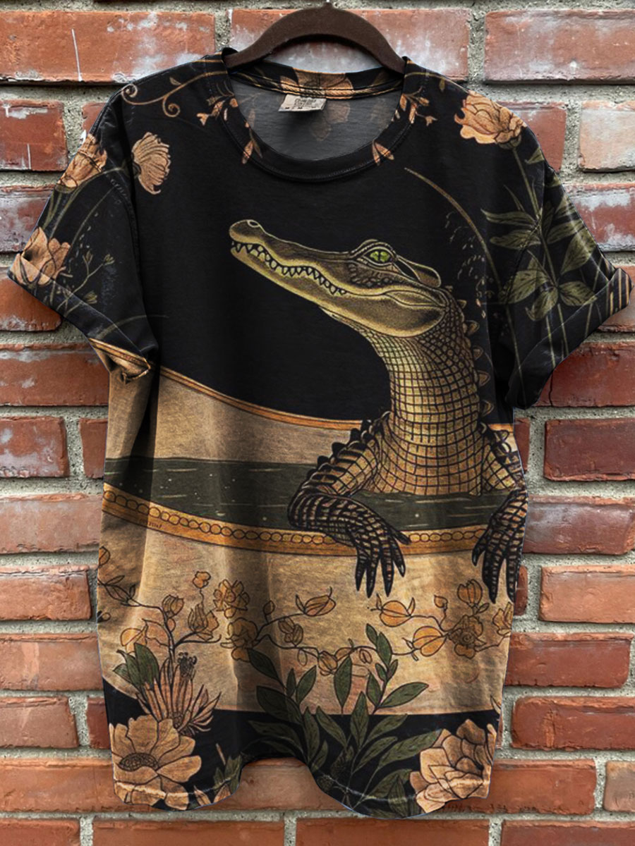 Vintage Crocodile Art Printed Casual Top