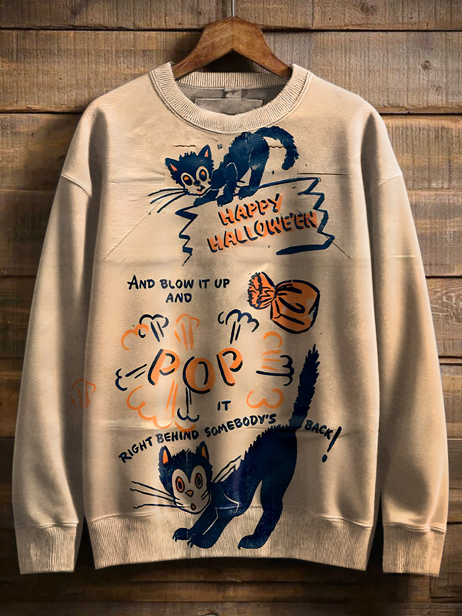 Retro Black Cat Halloween Funny Art Print Casual Sweatshirt