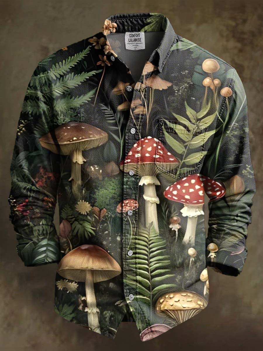 Psychedelic Mushroom Forest Print 100% Cotton Long Sleeve Shirt