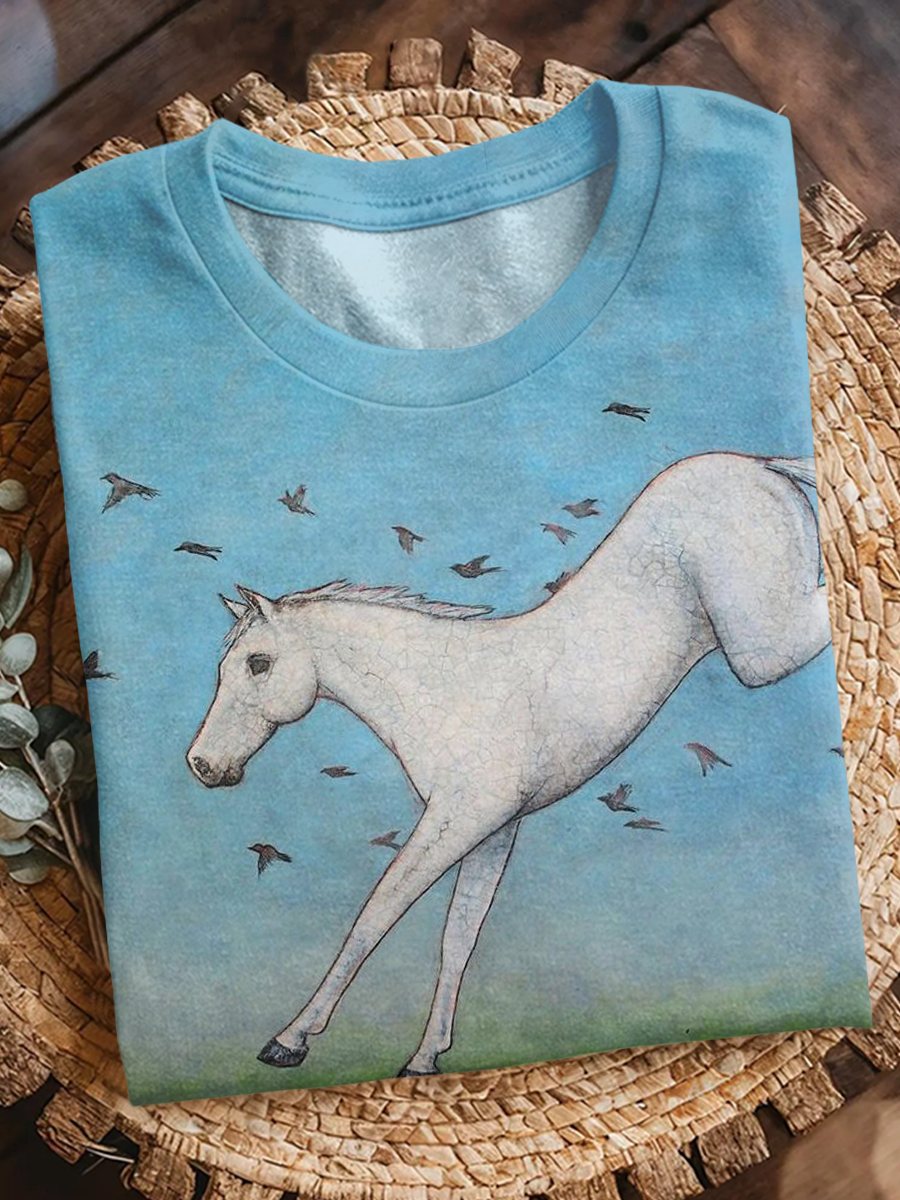 Horse Art Print Crew Neck Short Sleeve T-Shirt