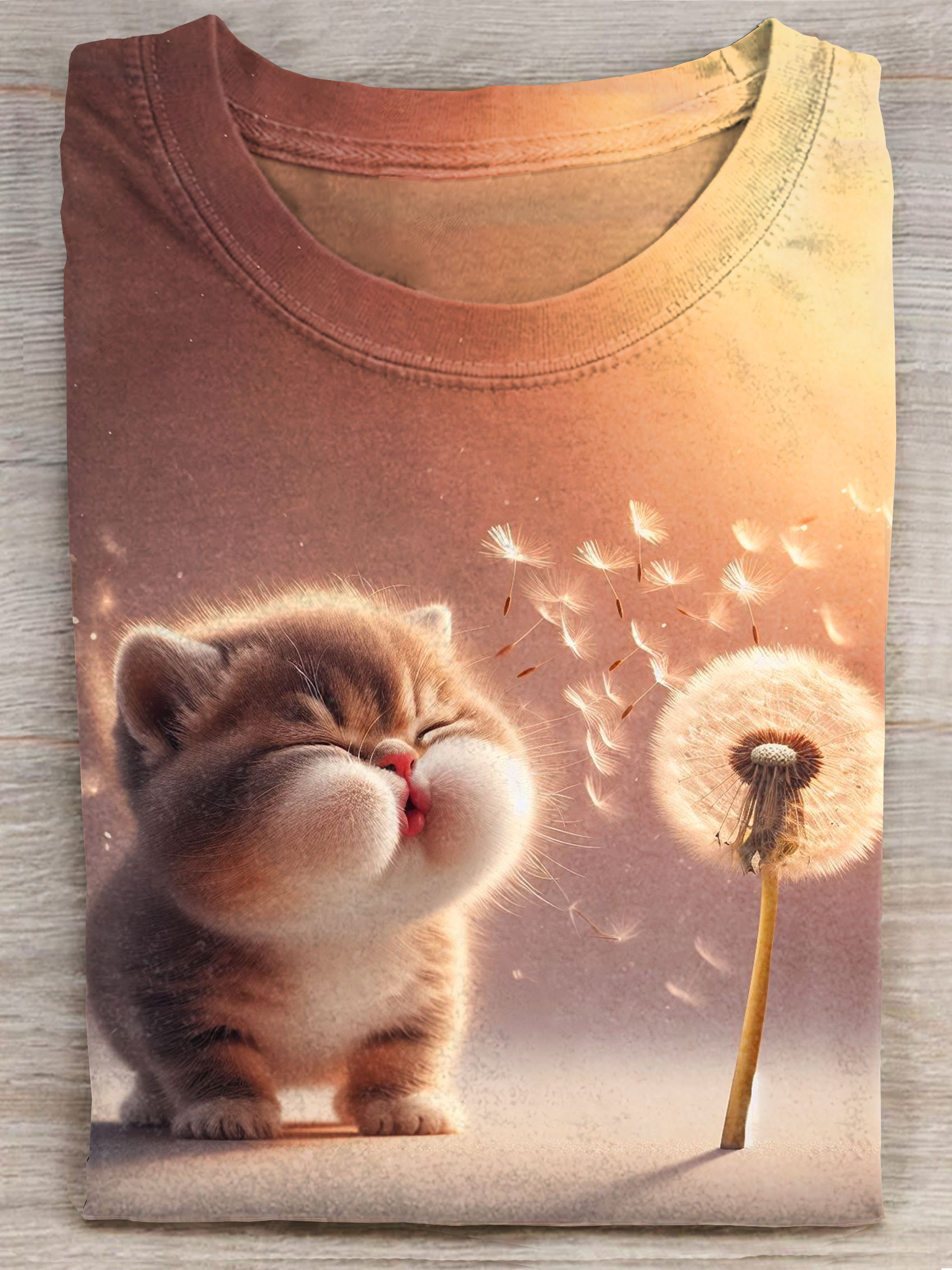 Cute Fat Cat Blowing Dandelions Art Print Casaul Short Sleeve T-shirt