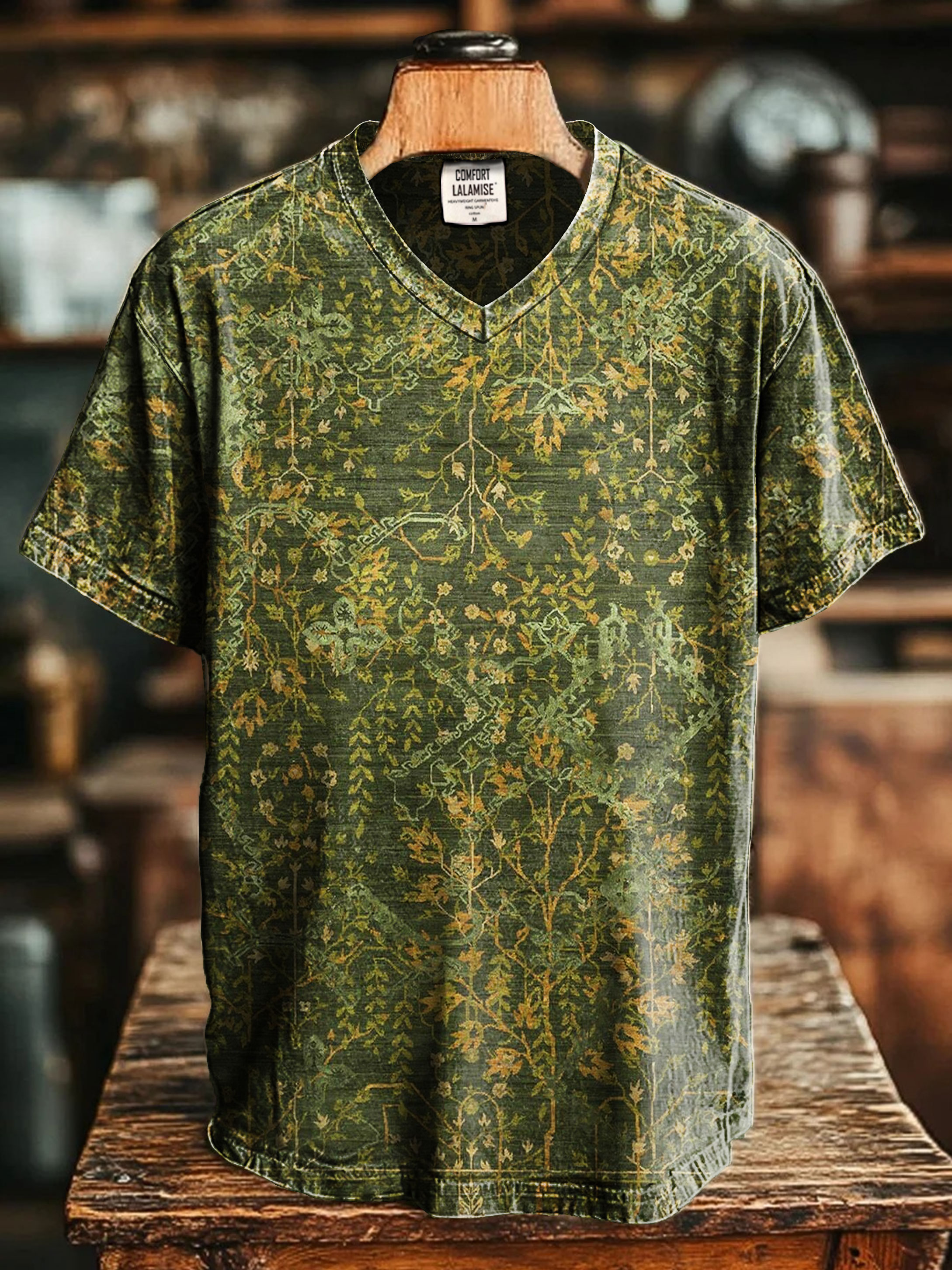 Vintage Moss Green V-neck Casual T-Shirt