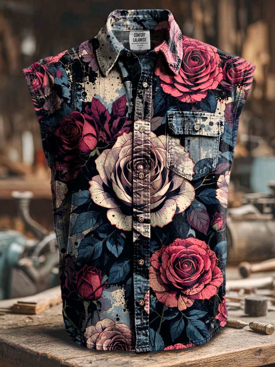 Retro Rose Art Print Casual 100% Cotton Sleeveless Lapel Shirt