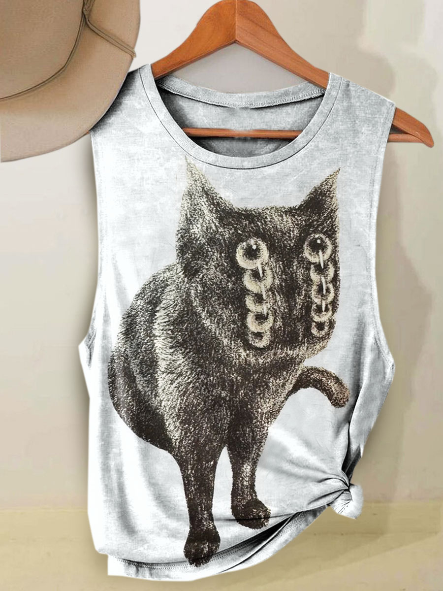 Funny Cat Print Casual Tank Top