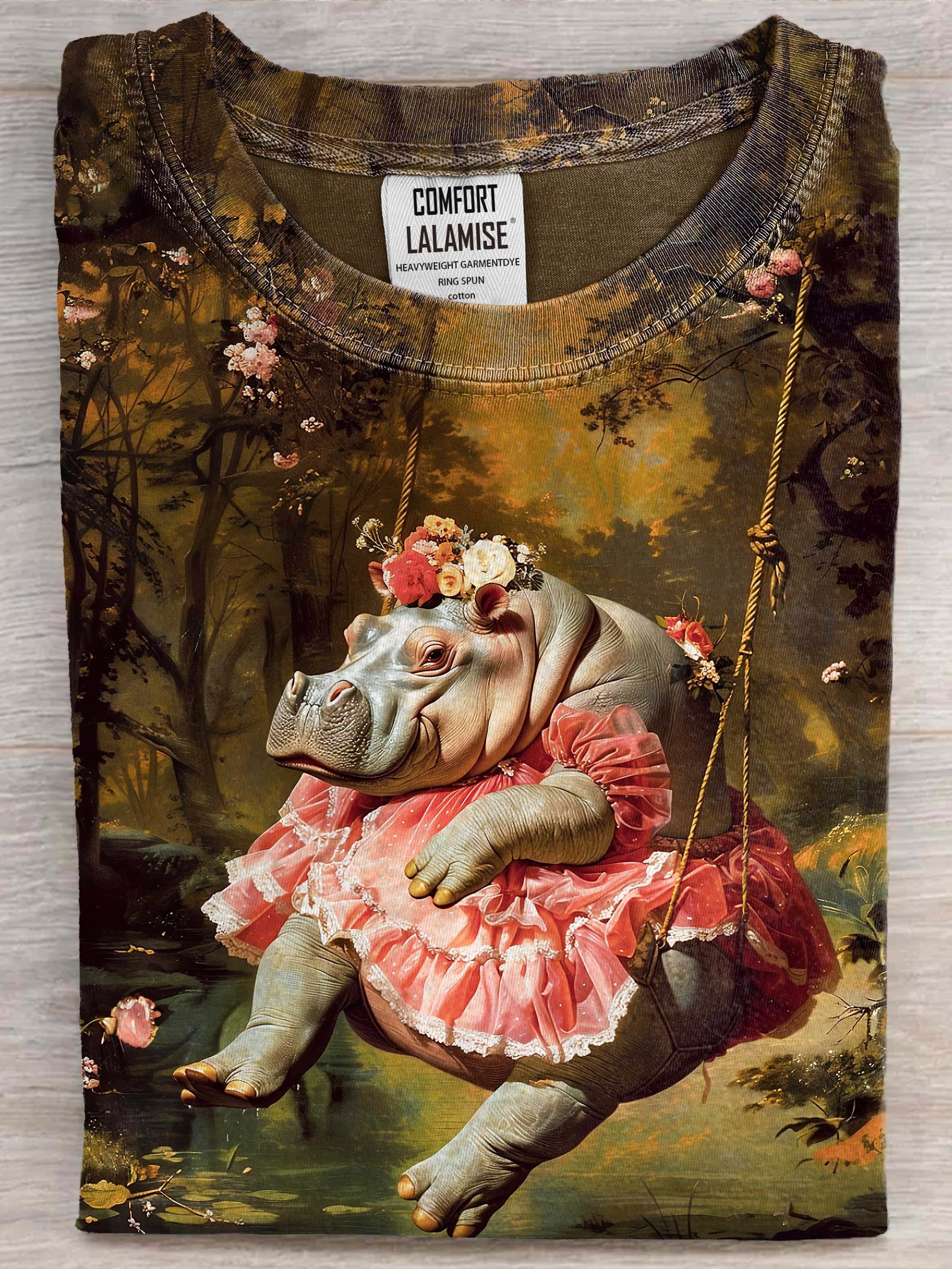 Hippopo Swinging Art Print Casaul Short Sleeve T-shirt