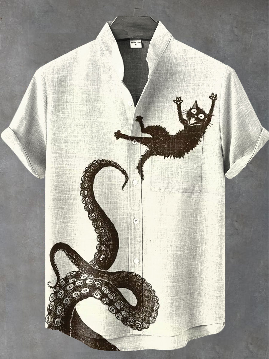 Funny Octopus and cat Print Casual 100% Cotton Shirt