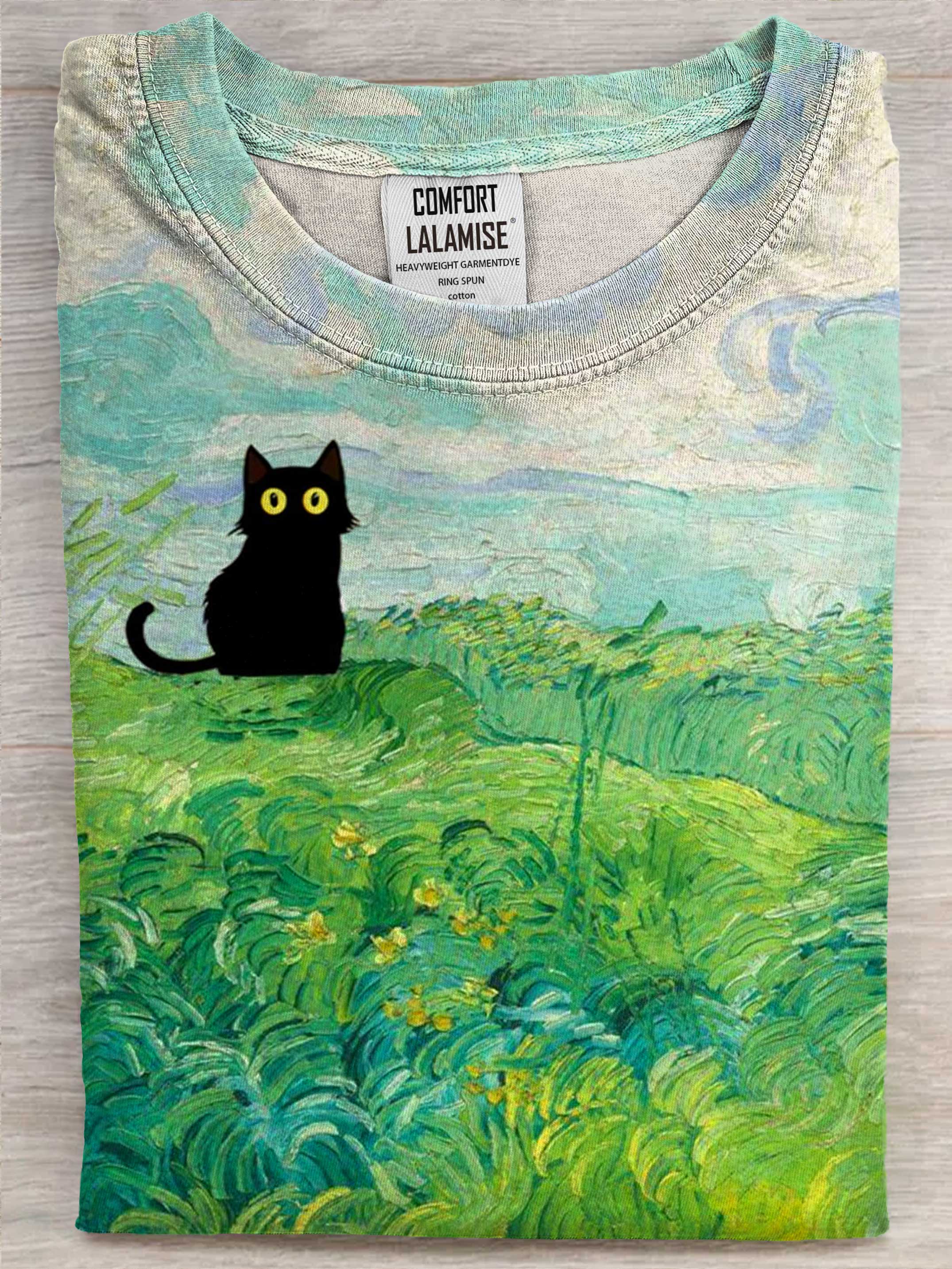 Black Cat Art Print Casual Cotton Short Sleeve T-shirt