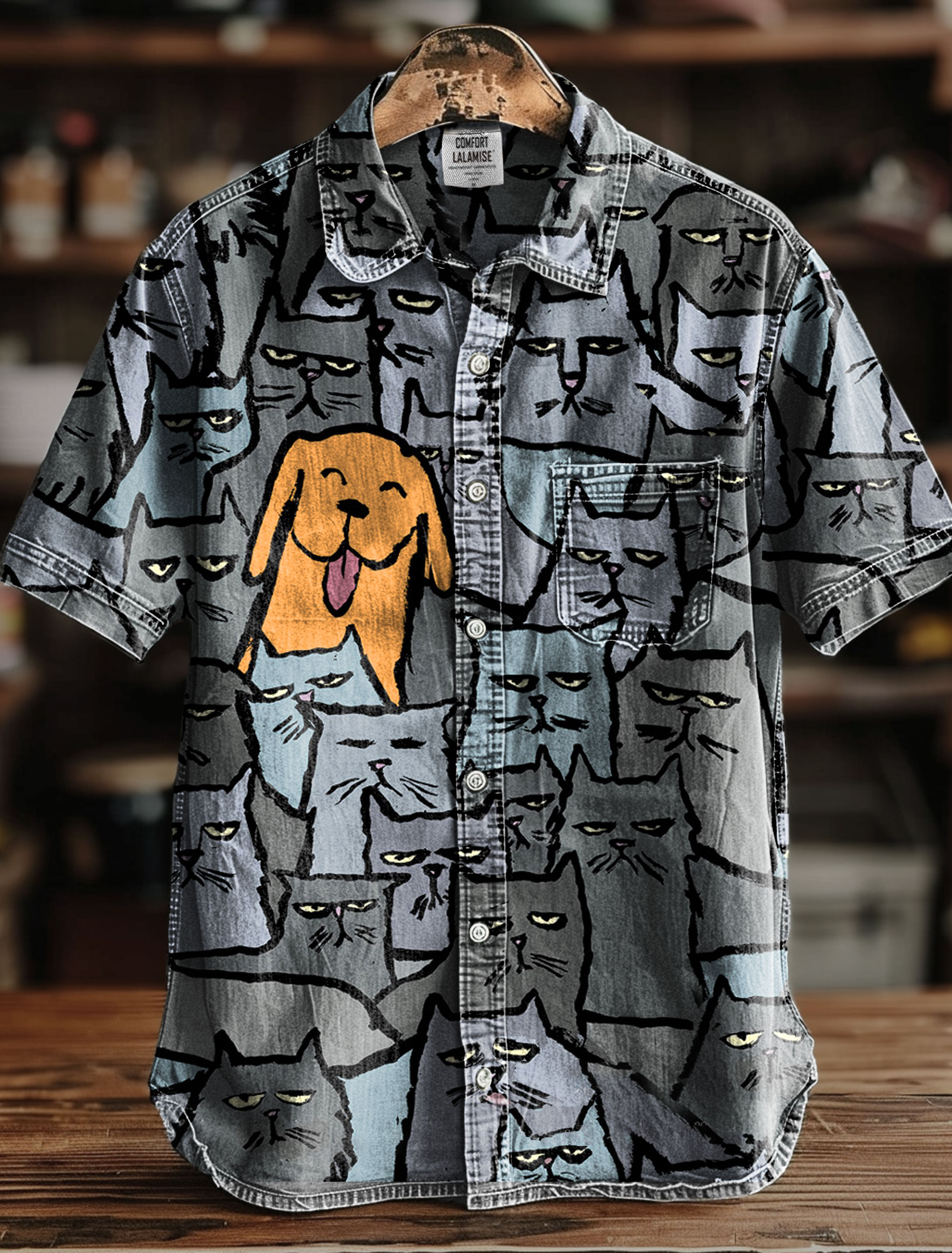 Funny Happy Dog With Grumpy Cat Art Print Casual 100% Cotton Shirt