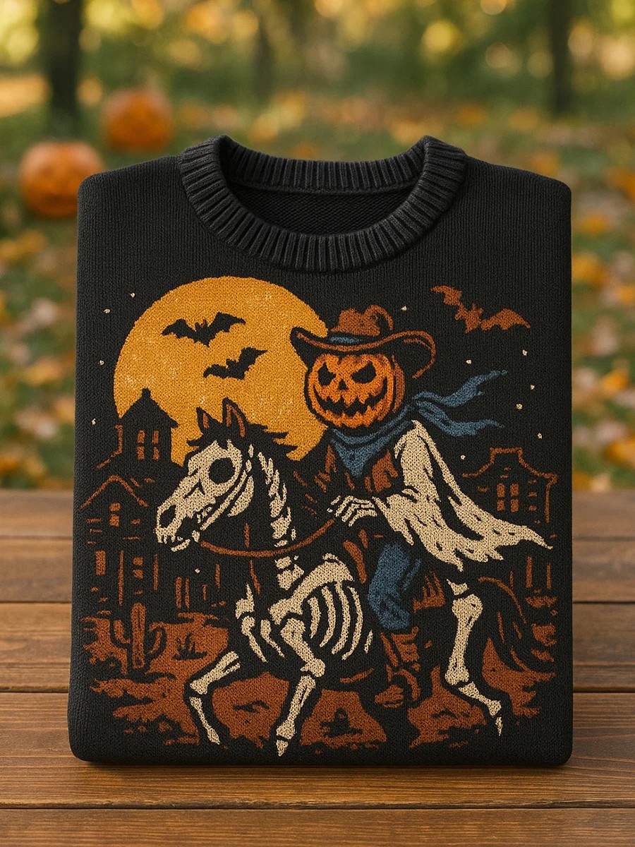 Dark Night Pumpkin Cowboy Skeleton Horse Halloween Art Print Knit Pullover Sweater