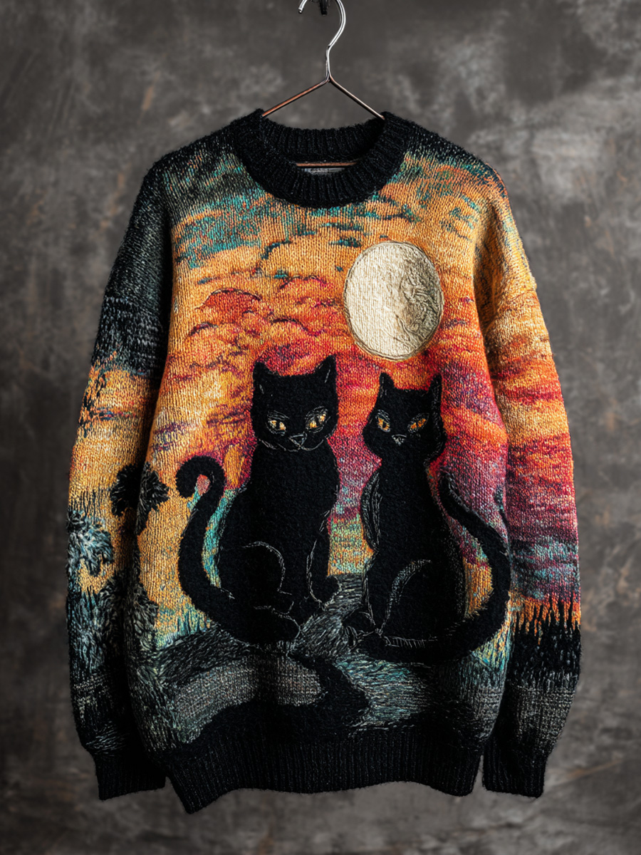 Vintage Halloween Black Cat Art Print Knit Pullover Sweater