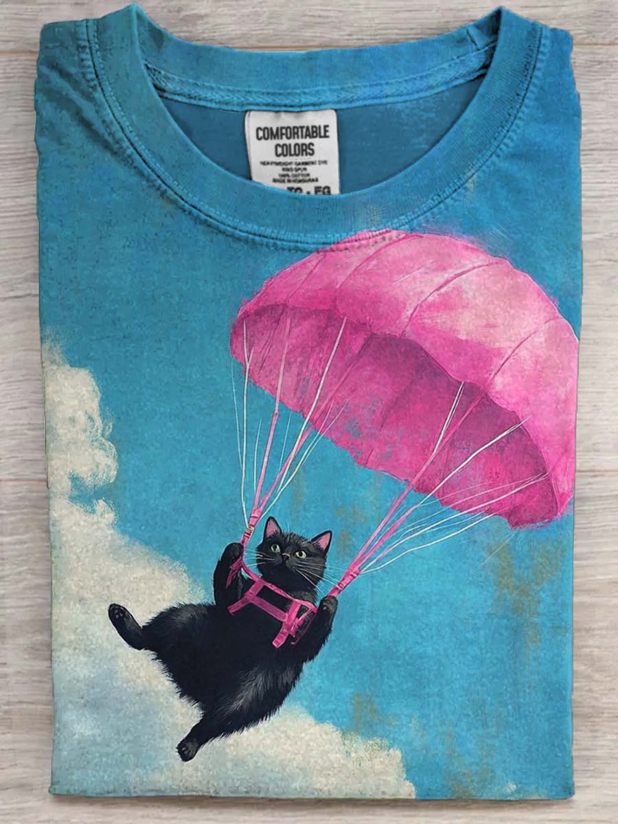Landing Cat Print Casual Short Sleeve T-Shirt