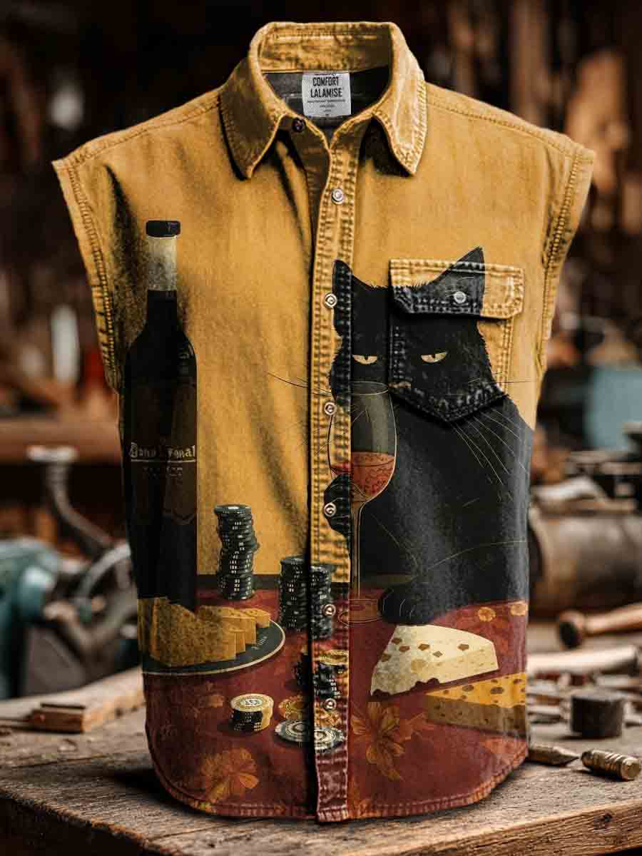 Vintage CaT Print Casual 100% Cotton Sleeveless Lapel Shirt