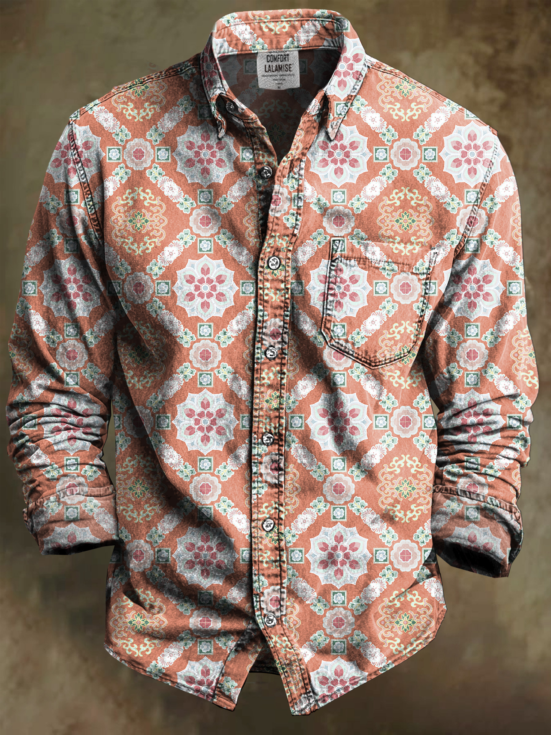 Vintage Abstract Ethnic Art Print 100% Cotton Long Sleeve Shirt